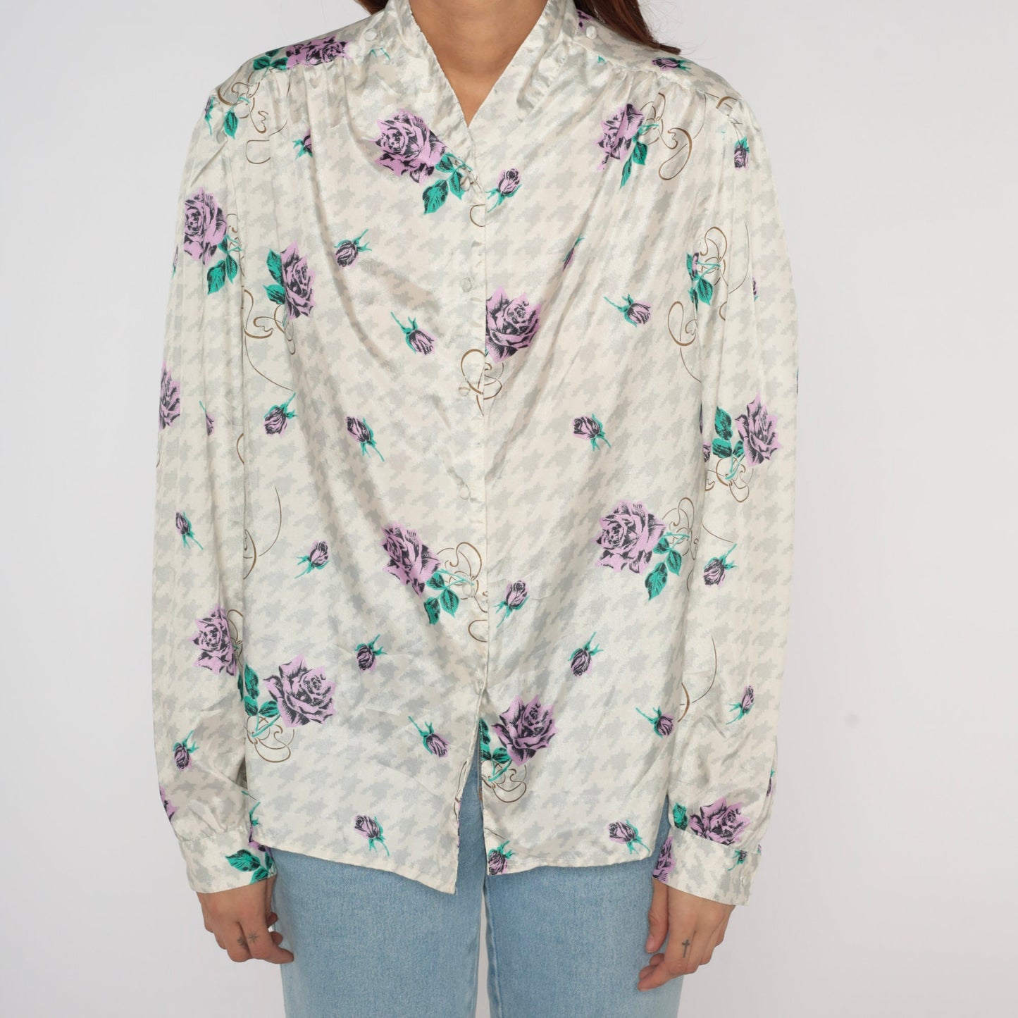 90s Houndstooth Floral Button-Up Blouse Long Sleeve White Grey Purple Medium