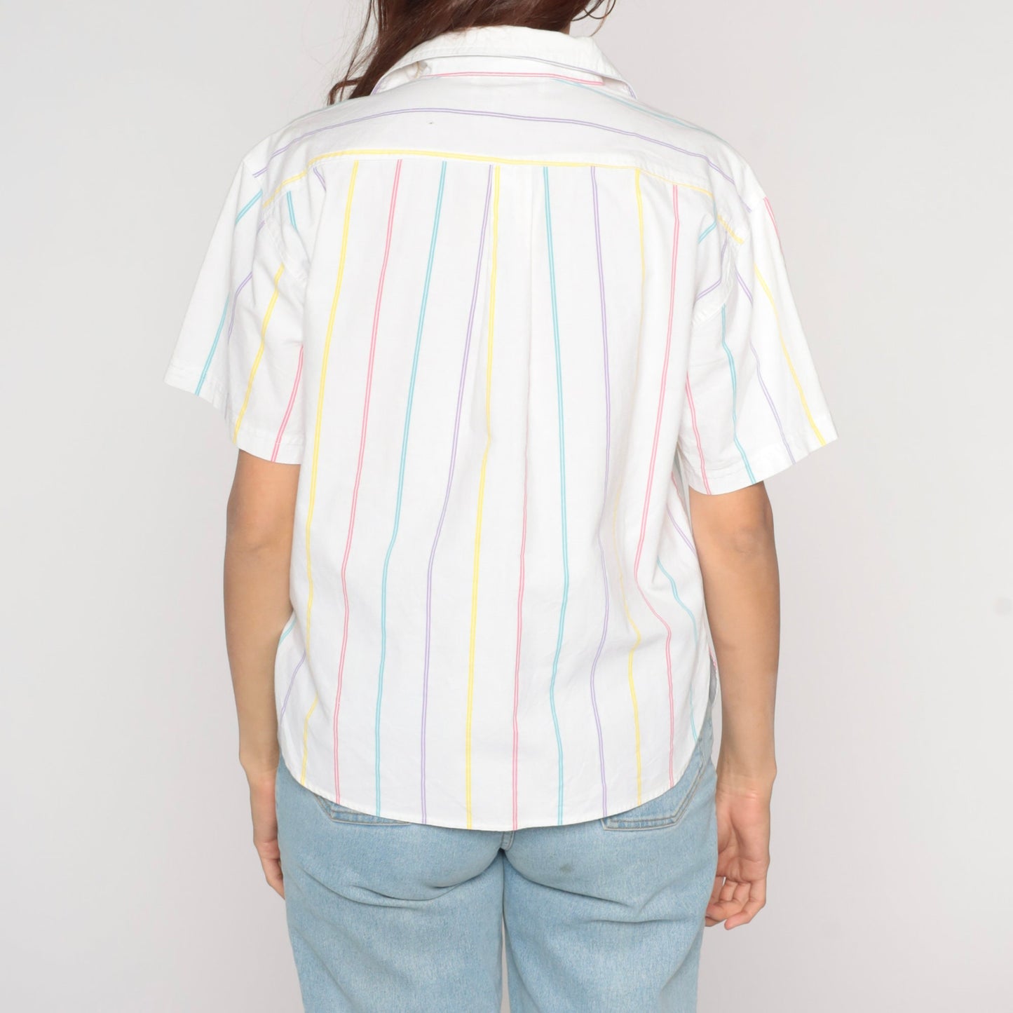 90s White Rainbow Striped Button-Up Blouse Short Sleeve Collared Cotton Medium