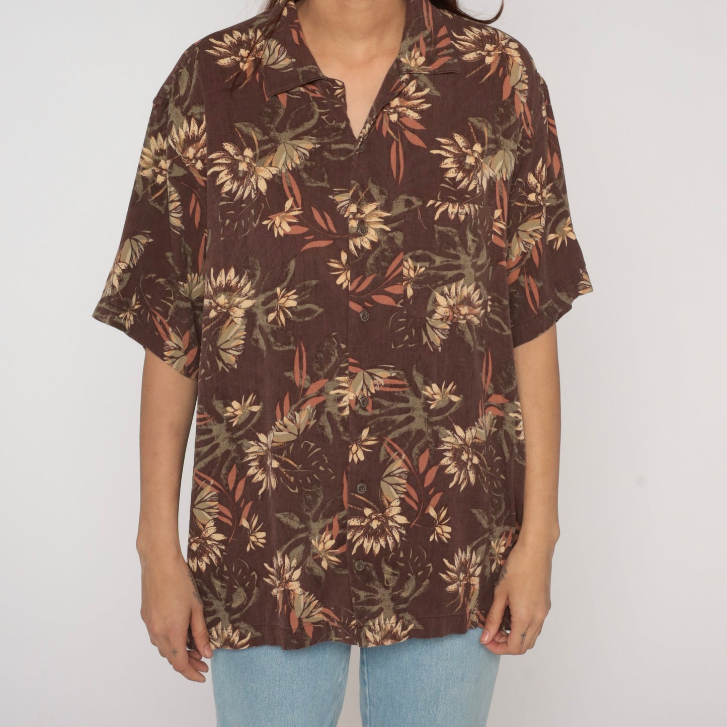 Y2K Geoffrey Beene Floral Leaf Print Silk Blend Button-Up Shirt Brown Large