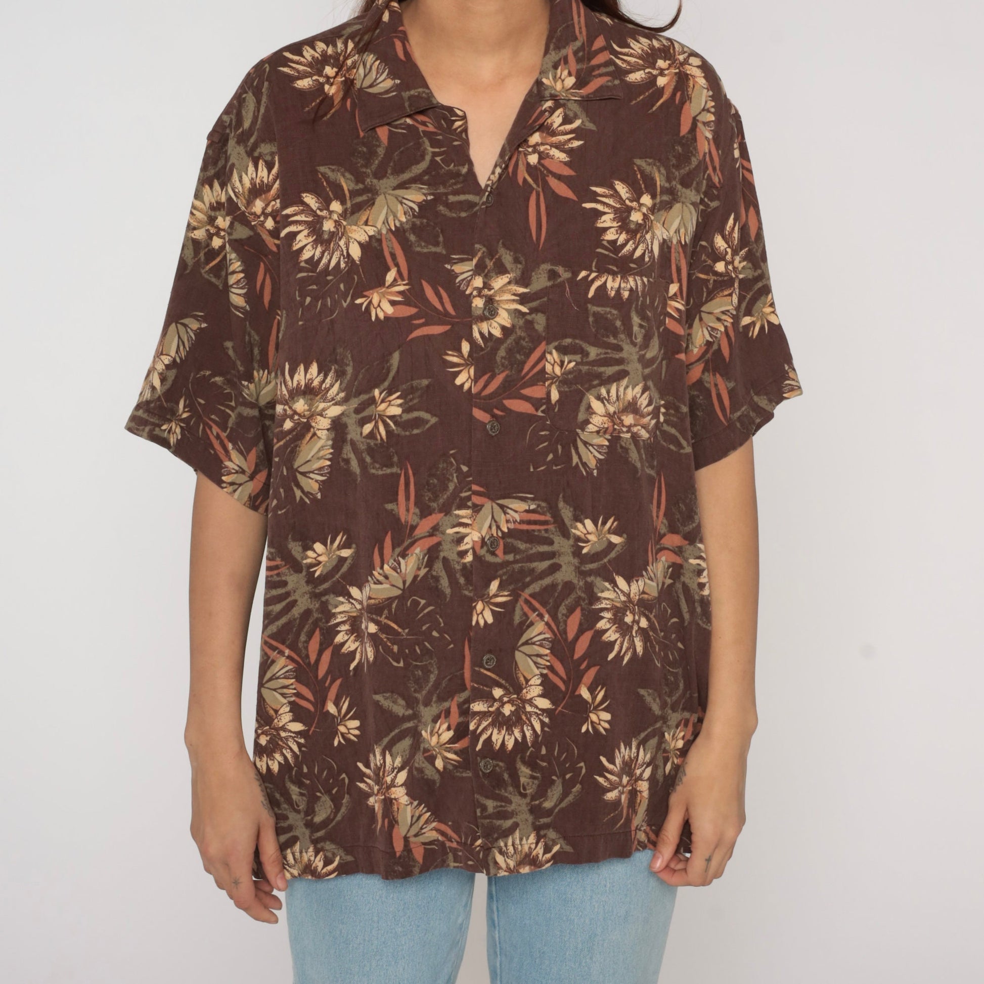 Y2K Geoffrey Beene Floral Leaf Print Silk Blend Button-Up Shirt Brown Large