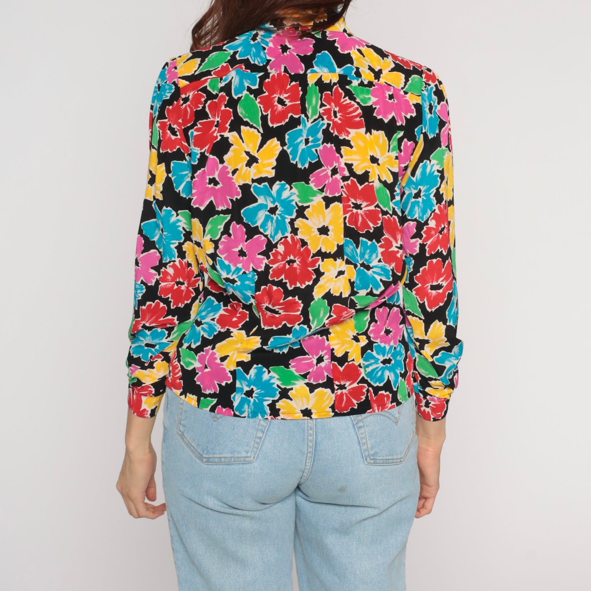 90s Liz Claiborne Floral Button Up Blouse Black Colorful Print Long Sleeve Small