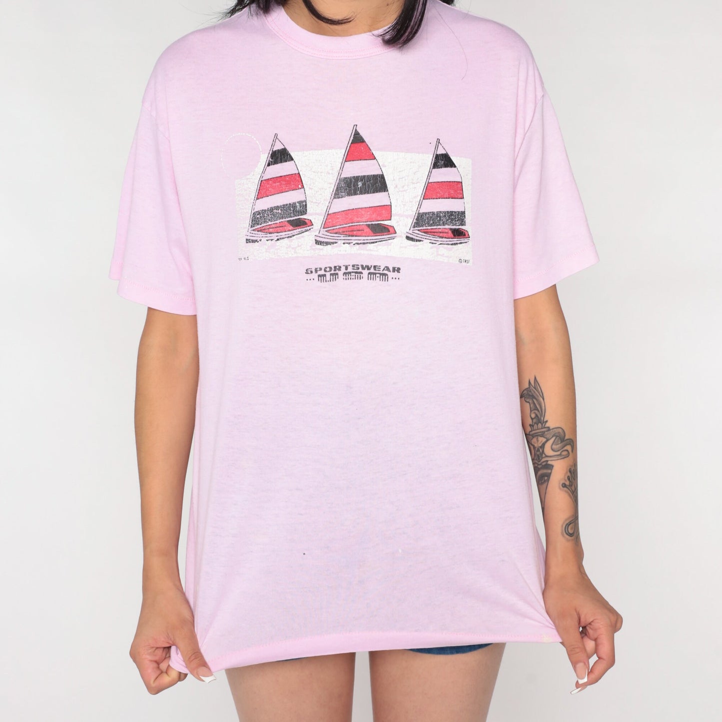 90s Sailboat Graphic Tee Pink Nautical Single Stitch Sportswear Medium