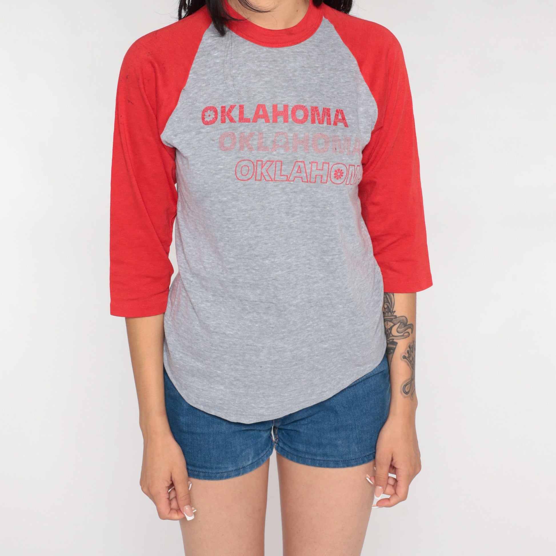 80s Oklahoma Ringer Tee Graphic T-Shirt Red Trim Raglan Small
