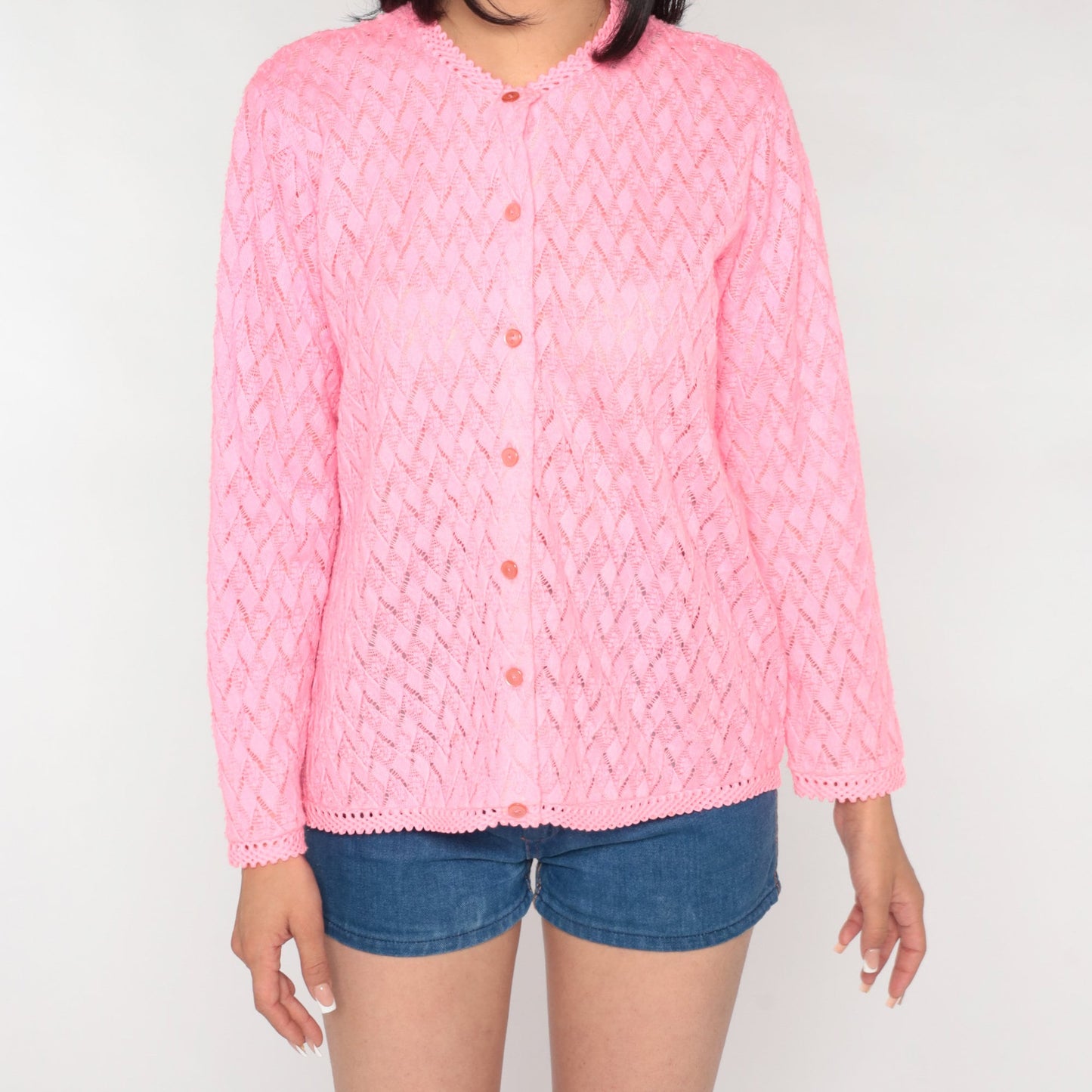 70s Hot Pink Pointelle Cardigan Open Weave Knit Sweater Medium