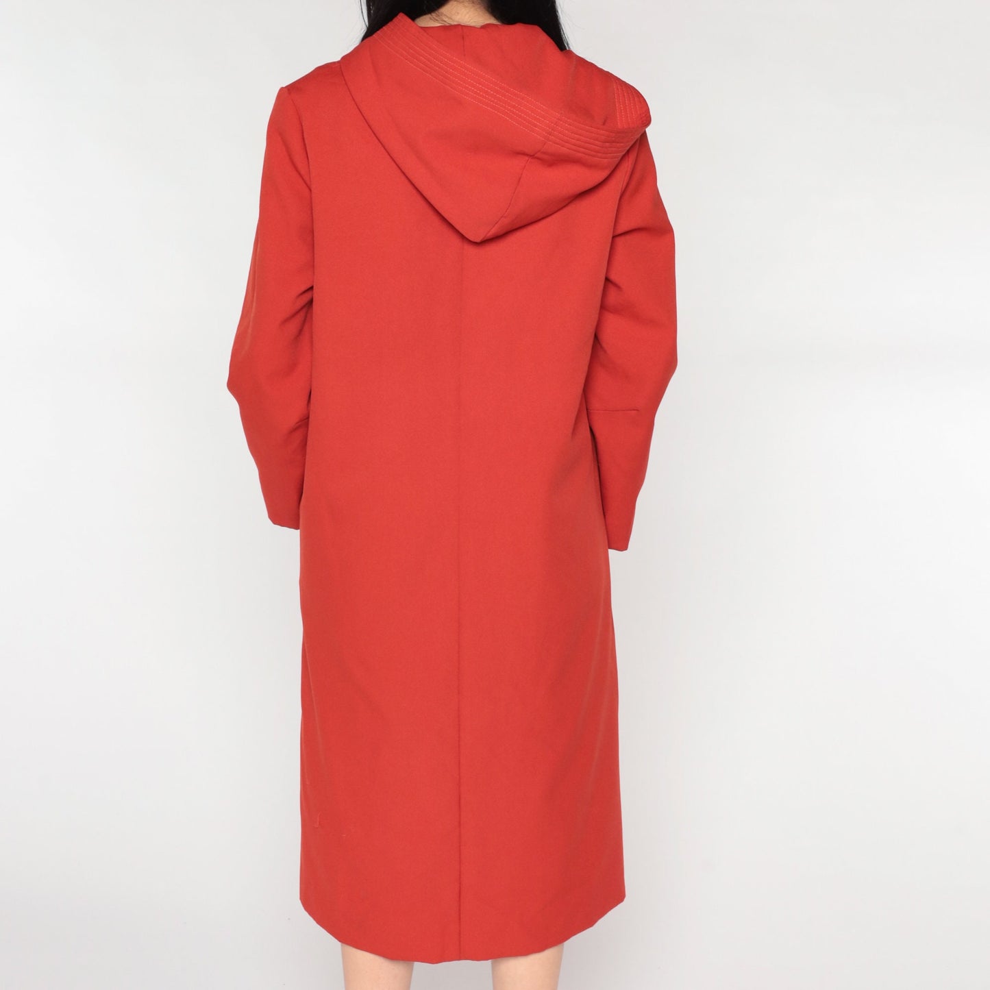 70s Rust Red Hooded Jacket Toggle Button Long Coat Medium