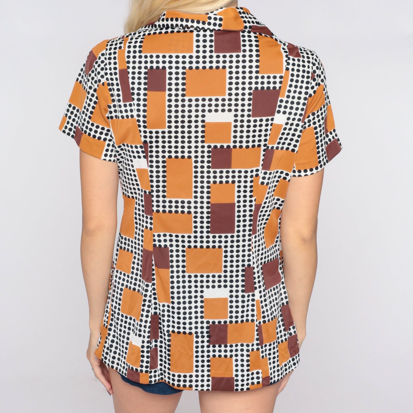 70s Geometric Dot Square Print Button-Up Blouse Black White Brown Small
