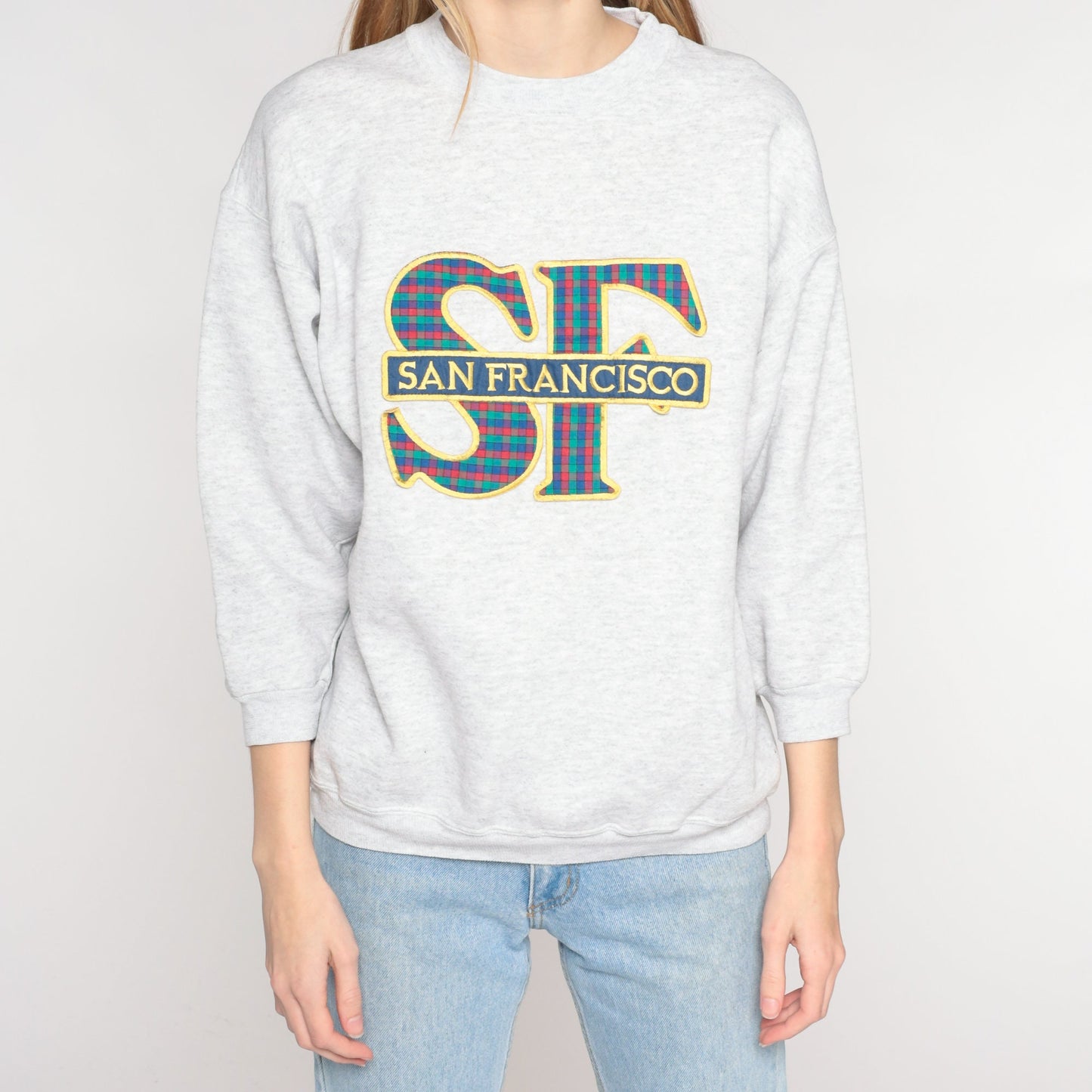 Y2K San Francisco Plaid Sweatshirt Heather Grey 3/4 Sleeve Crewneck Medium Large