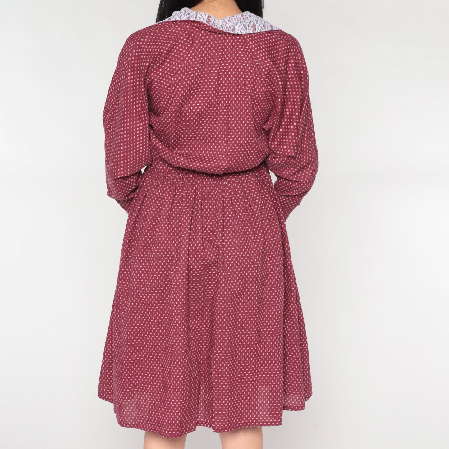 80s Burgundy Midi Shirtdress Lace Collar Geometric Button-Up Small Medium