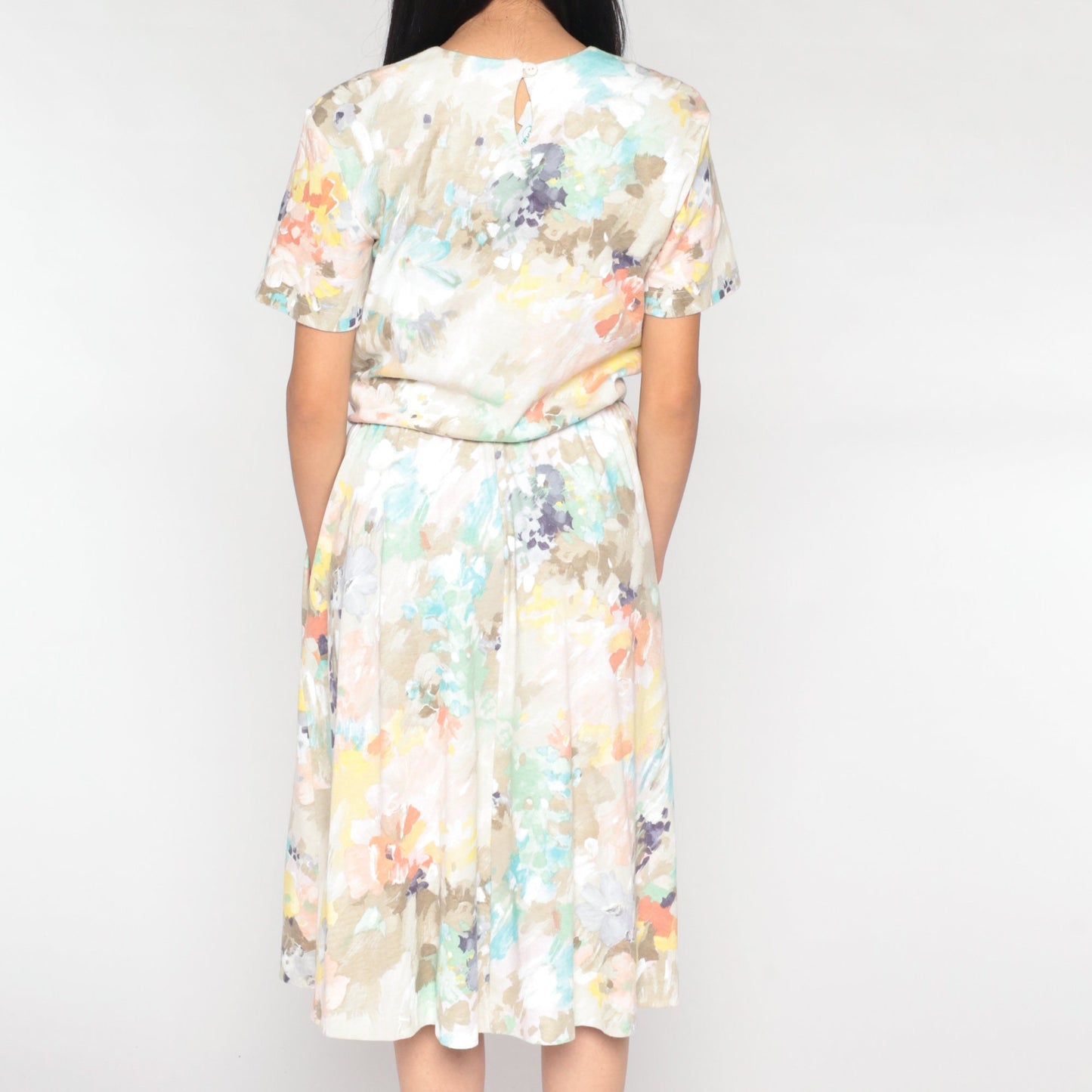 80s Watercolour Floral Midi Dress High Waist Short Sleeve Brown White Medium