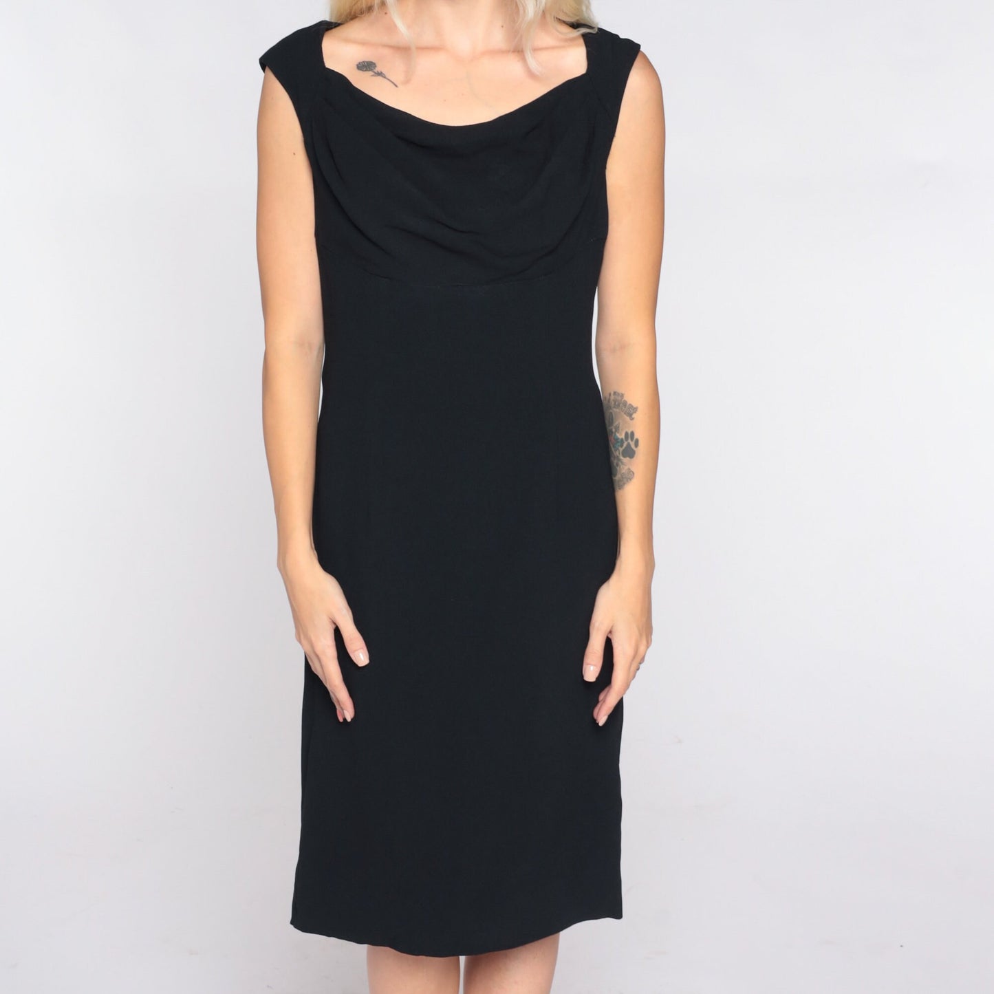60s Black Shift Mini Dress Sleeveless Cowl Neck Small S