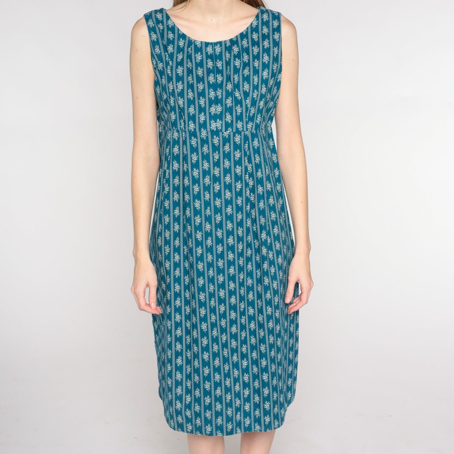 1960s Blue Floral Striped Midi Dress Empire Waist Sleeveless Shift Medium