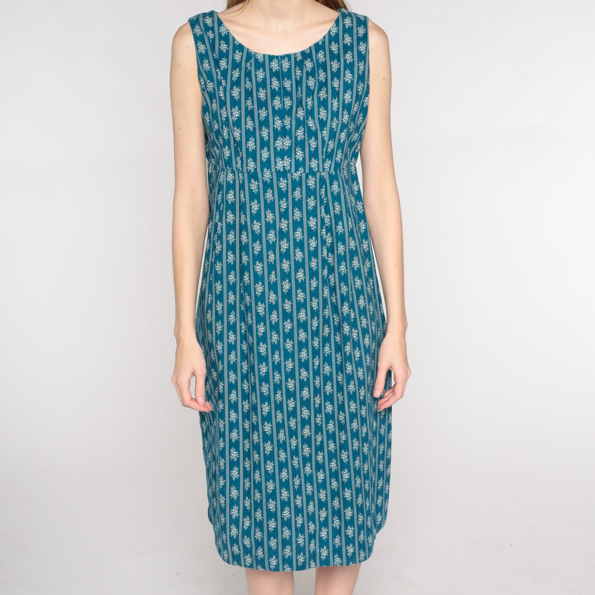 1960s Blue Floral Striped Midi Dress Empire Waist Sleeveless Shift Medium