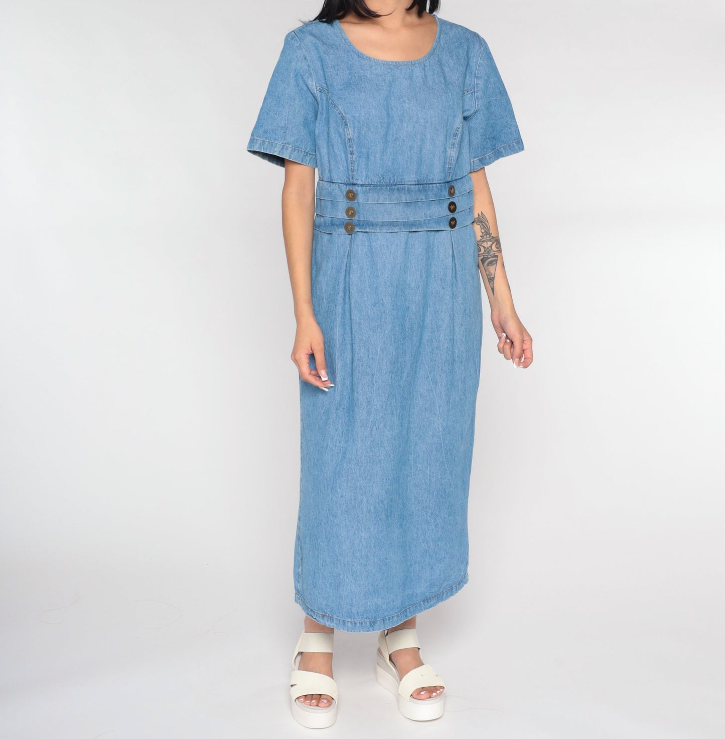 90s Fore Warned Denim Maxi Dress Blue Princess Seam Short Sleeve Large 14
