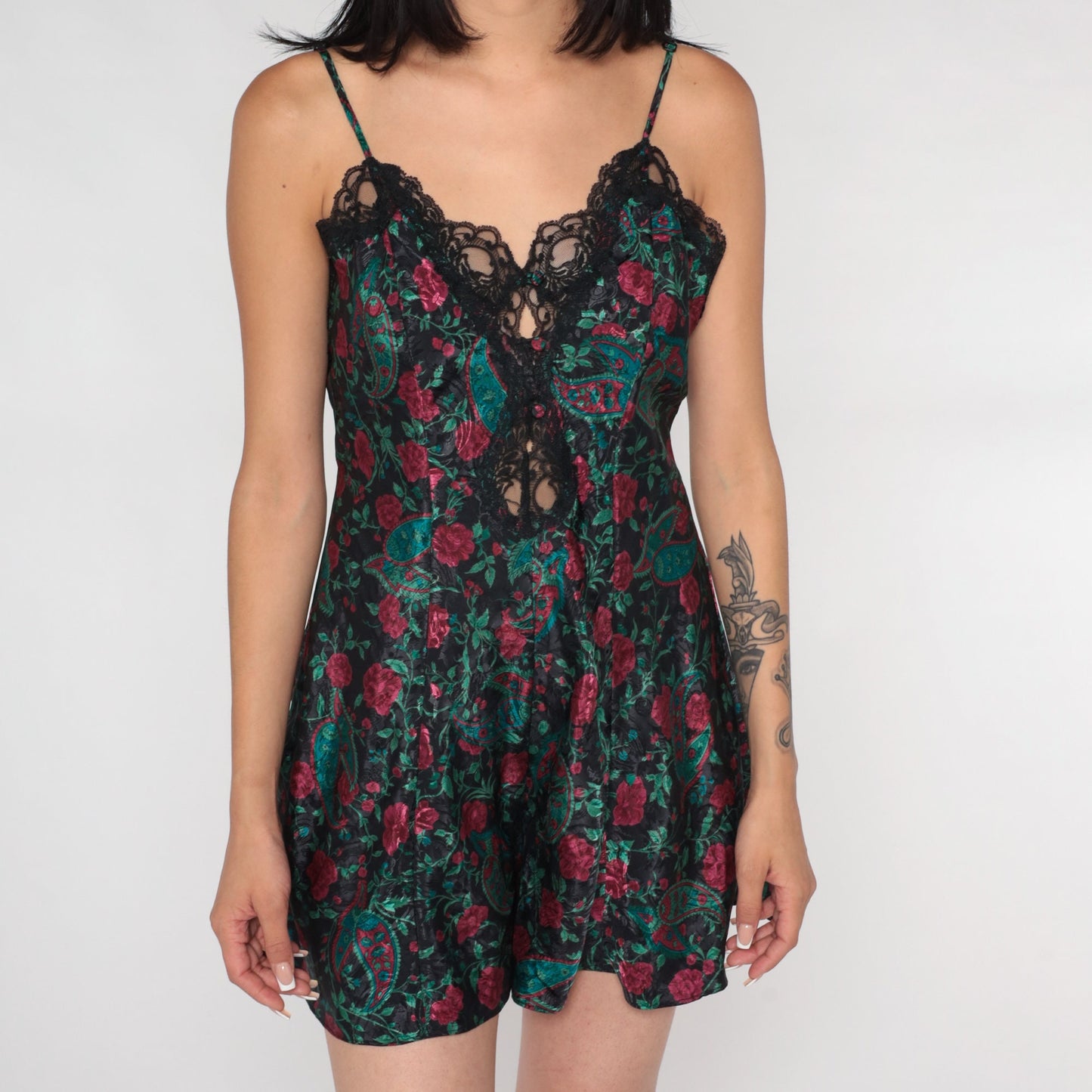 90s Floral Paisley Teddy Bodysuit Black Lace Trim Spaghetti Strap Small