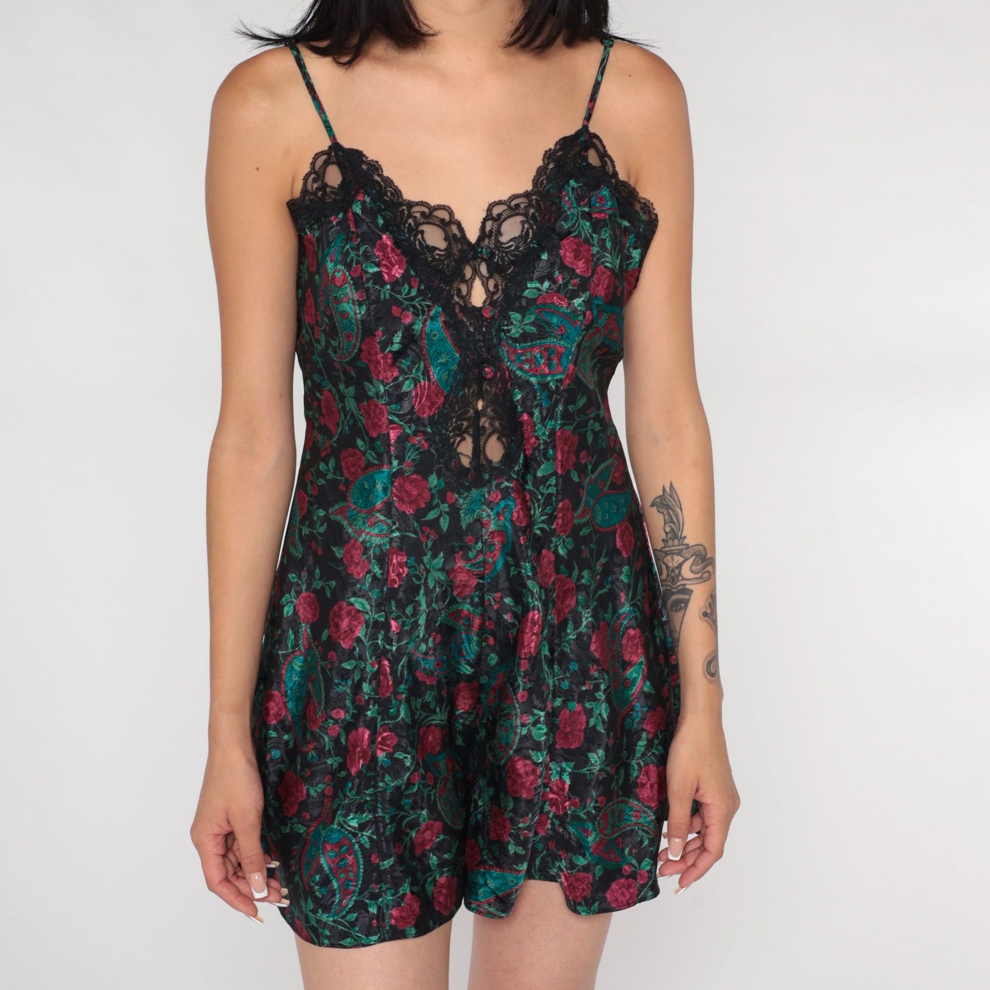 90s Floral Paisley Teddy Bodysuit Black Lace Trim Spaghetti Strap Small
