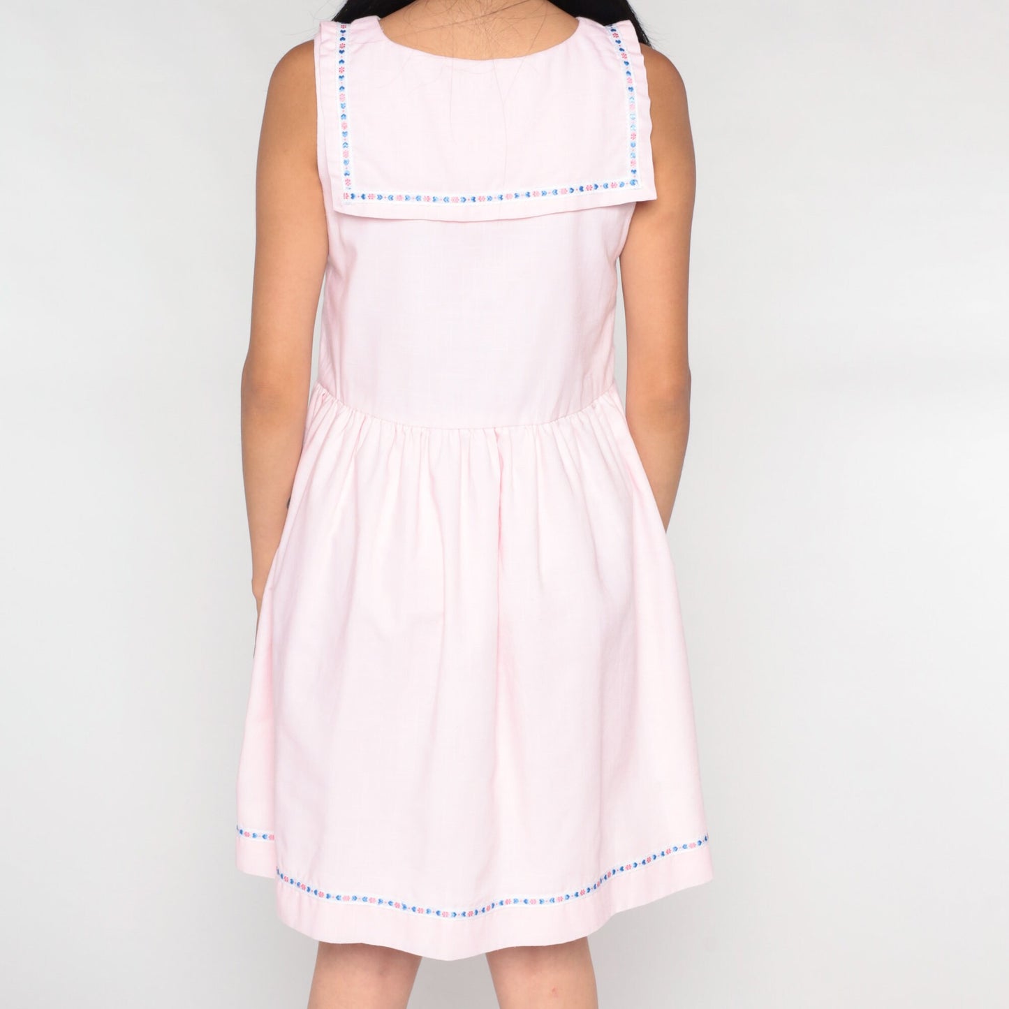 60s Sailor Collar Mini Dress Baby Pink High Waist Cotton Blend Extra Small