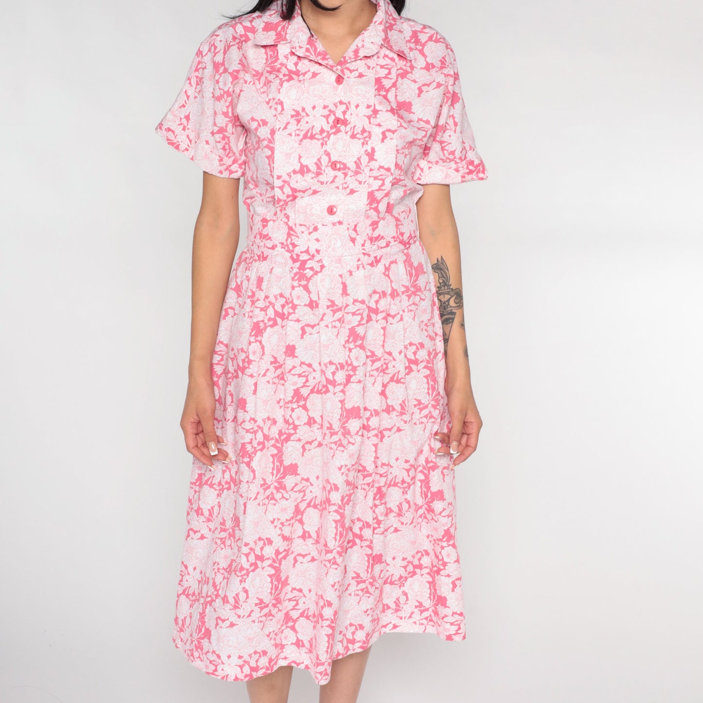90s Floral Midi Dress Pink White Button-Up Short Sleeve Medium 8