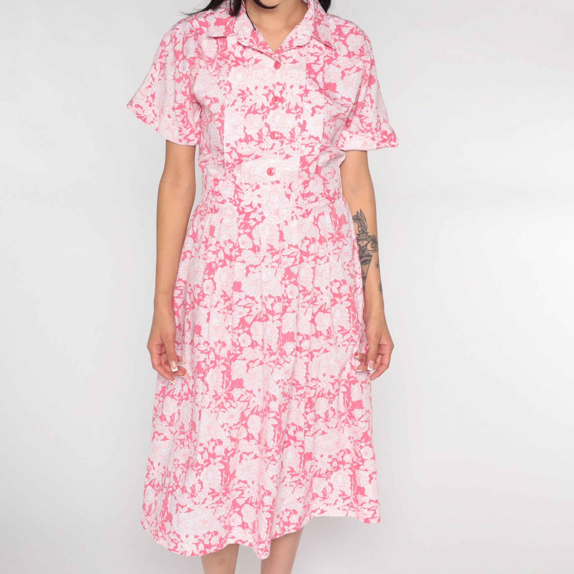 90s Floral Midi Dress Pink White Button-Up Short Sleeve Medium 8