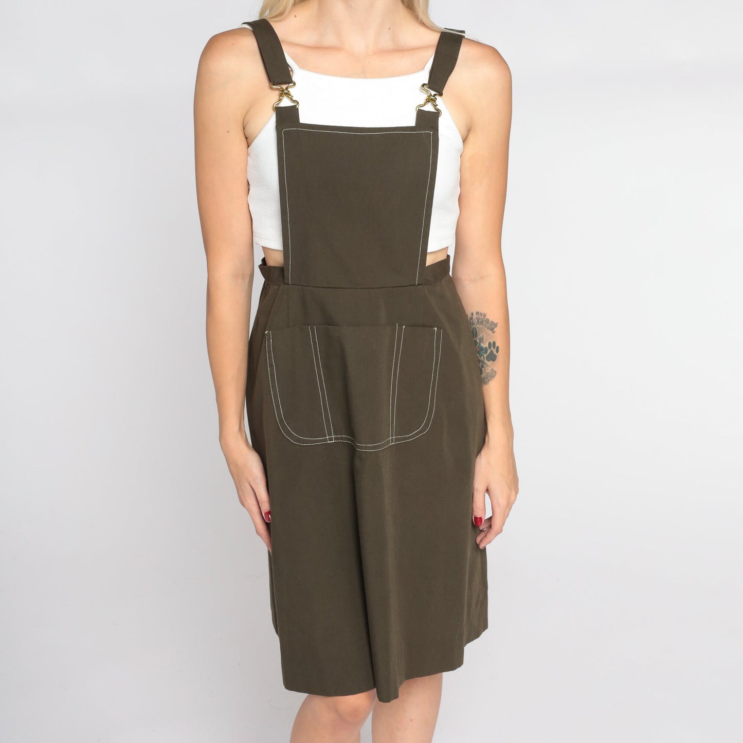 1960s Brown Cotton Overall Mini Dress Bib Pinafore Extra Small
