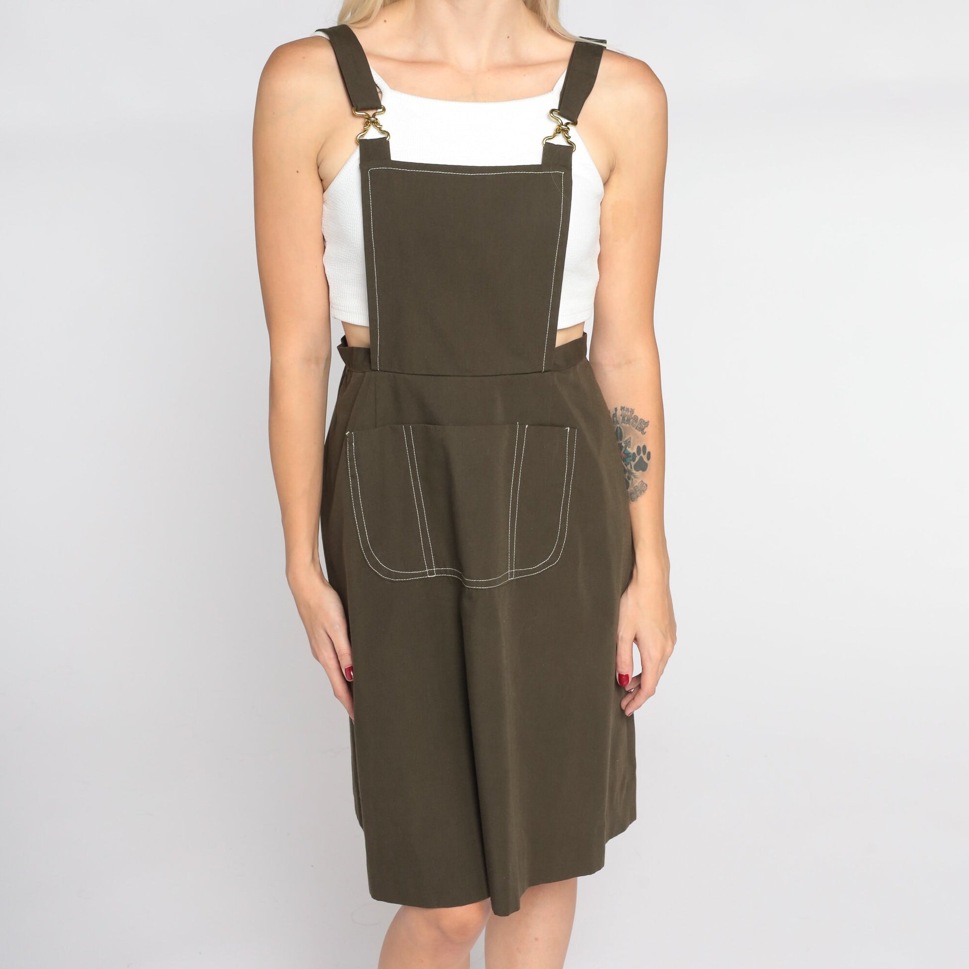 1960s Brown Cotton Overall Mini Dress Bib Pinafore Extra Small