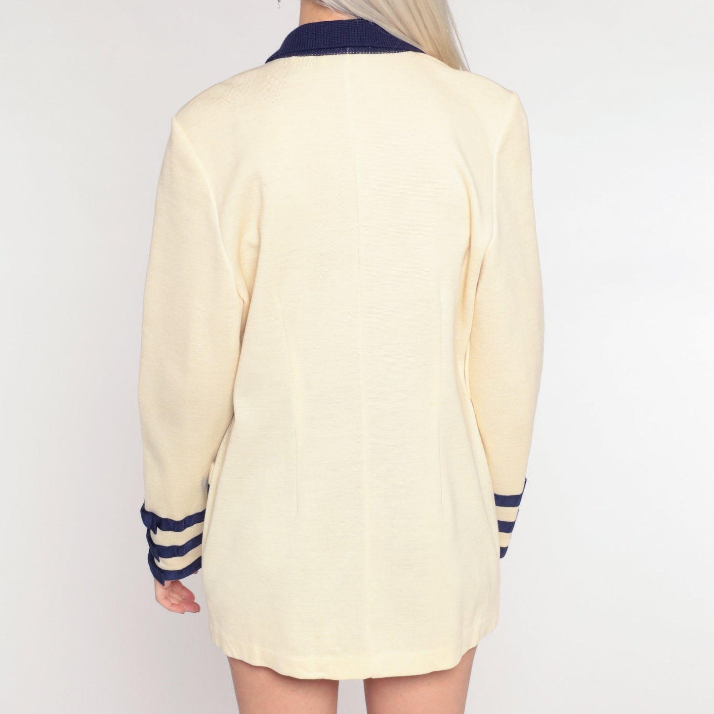 90s Dana Buchman Cream Wool Cardigan Navy Trim Bow Buttons Medium