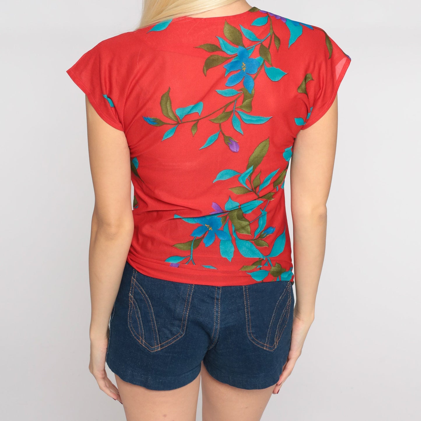 70s Red Floral Wrap Blouse Cap Sleeve V Neck Tie Front Extra Small