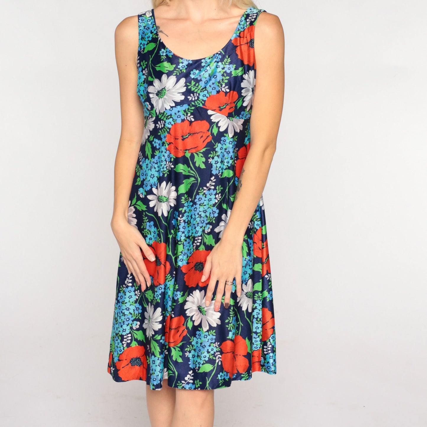 70s Navy Floral Babydoll Mini Dress Empire Waist Sleeveless Extra Small