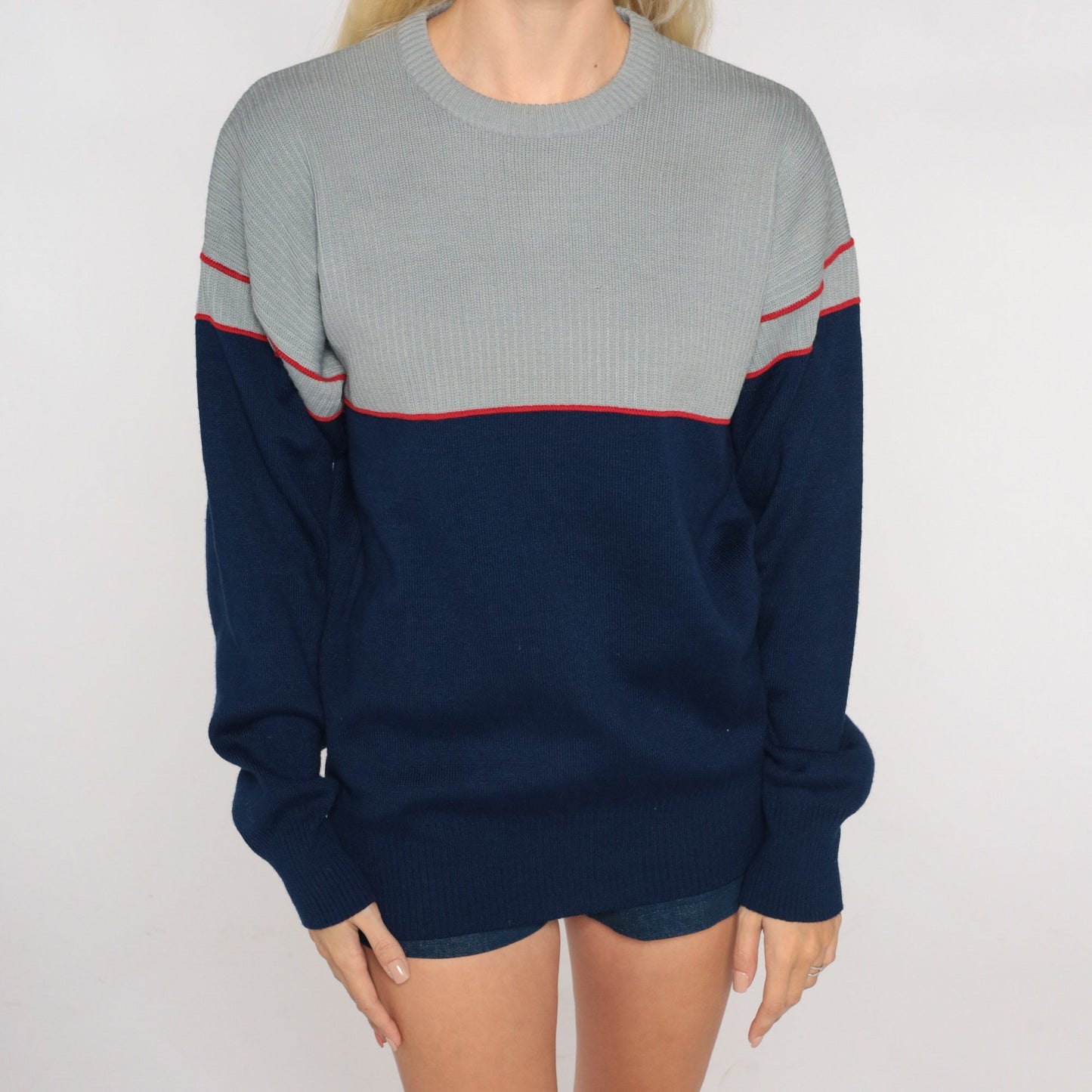 80s Ossi Skiwear Colour Block Wool Blend Sweater Grey Navy Medium