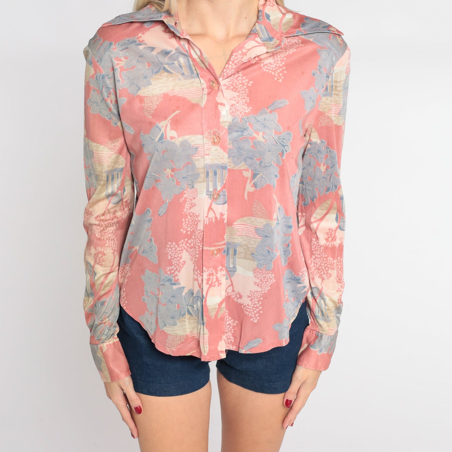70s Pink Floral Nylon Blouse Dagger Collar Architecture Print Button Up Small