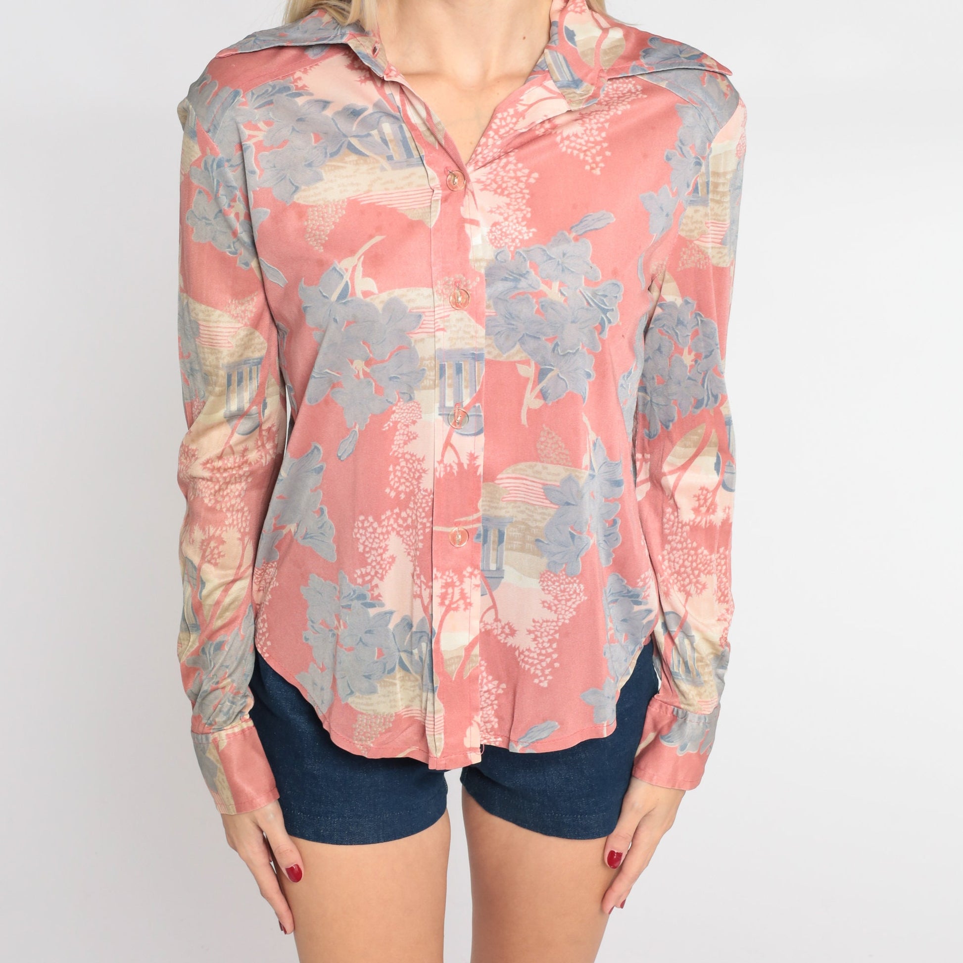 70s Pink Floral Nylon Blouse Dagger Collar Architecture Print Button Up Small