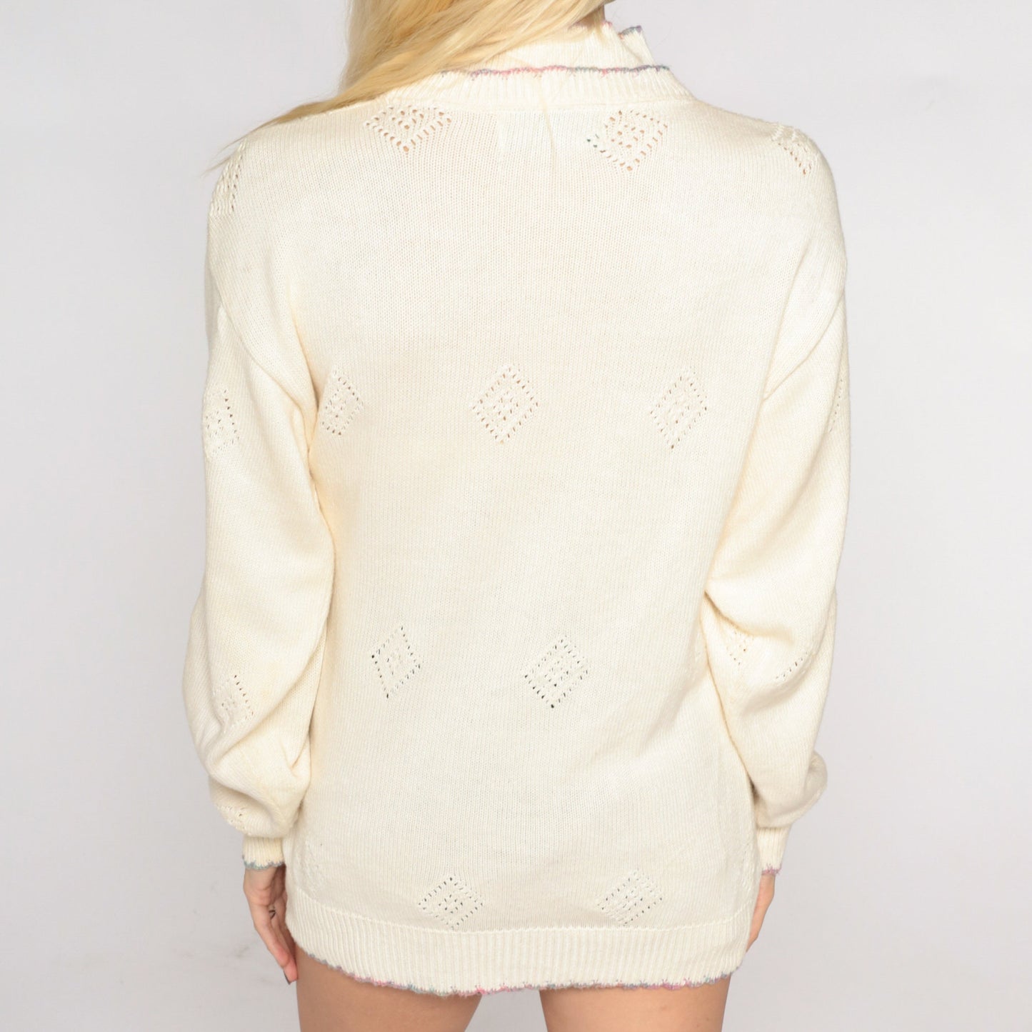 90s White Pointelle Knit Sweater Floral Embroidered Collared Pullover Medium M