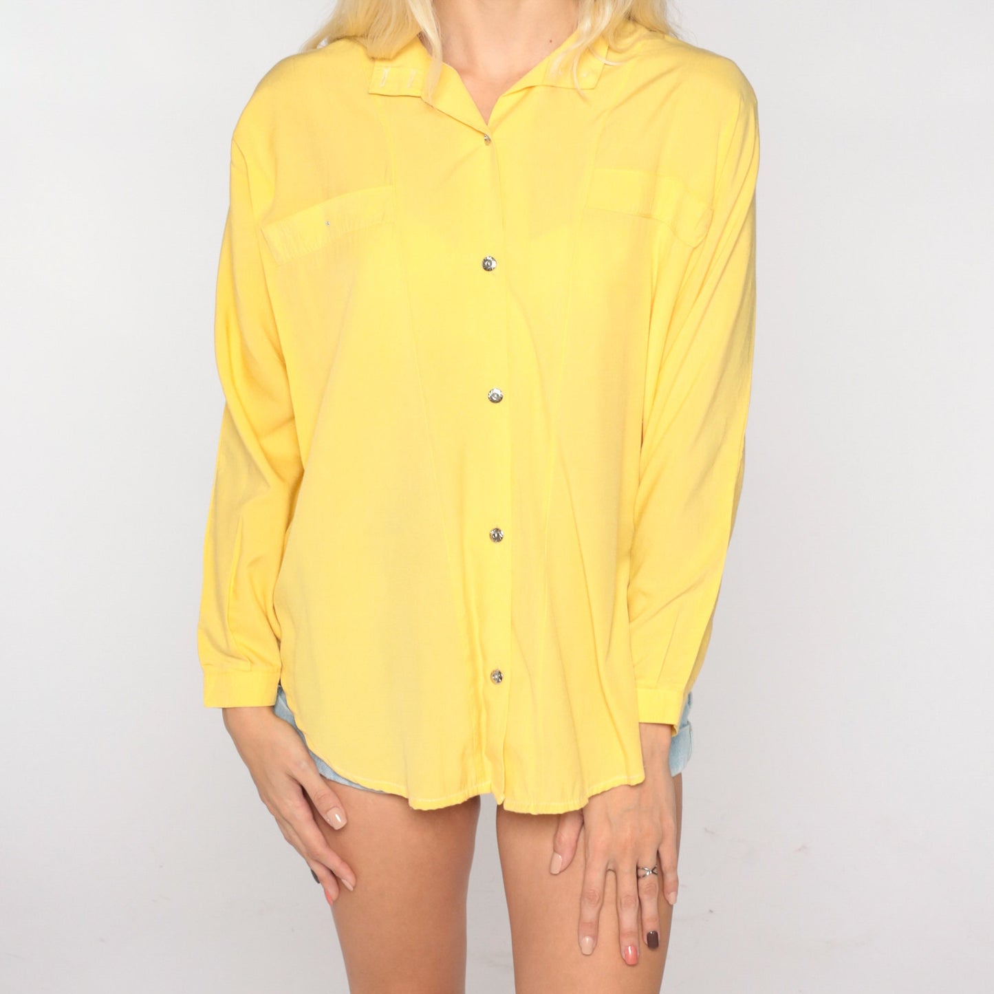 90s Yellow Button-Up Blouse Long Sleeve Collared Shirt Large L