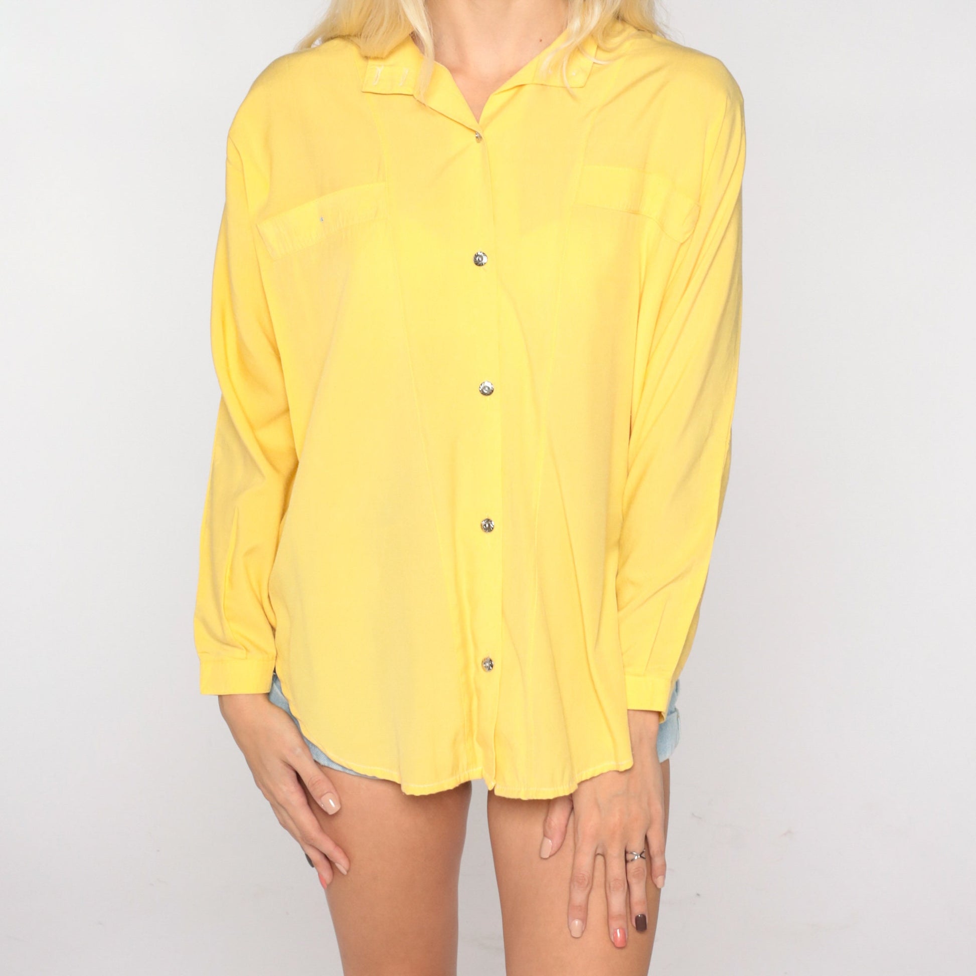 90s Yellow Button-Up Blouse Long Sleeve Collared Shirt Large L