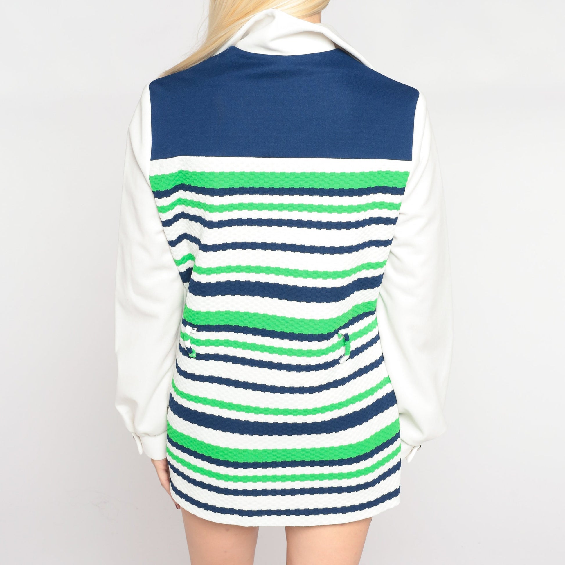 70s Dagger Collar Striped Button-Up Blouse White Blue Green Long Sleeve Medium Large