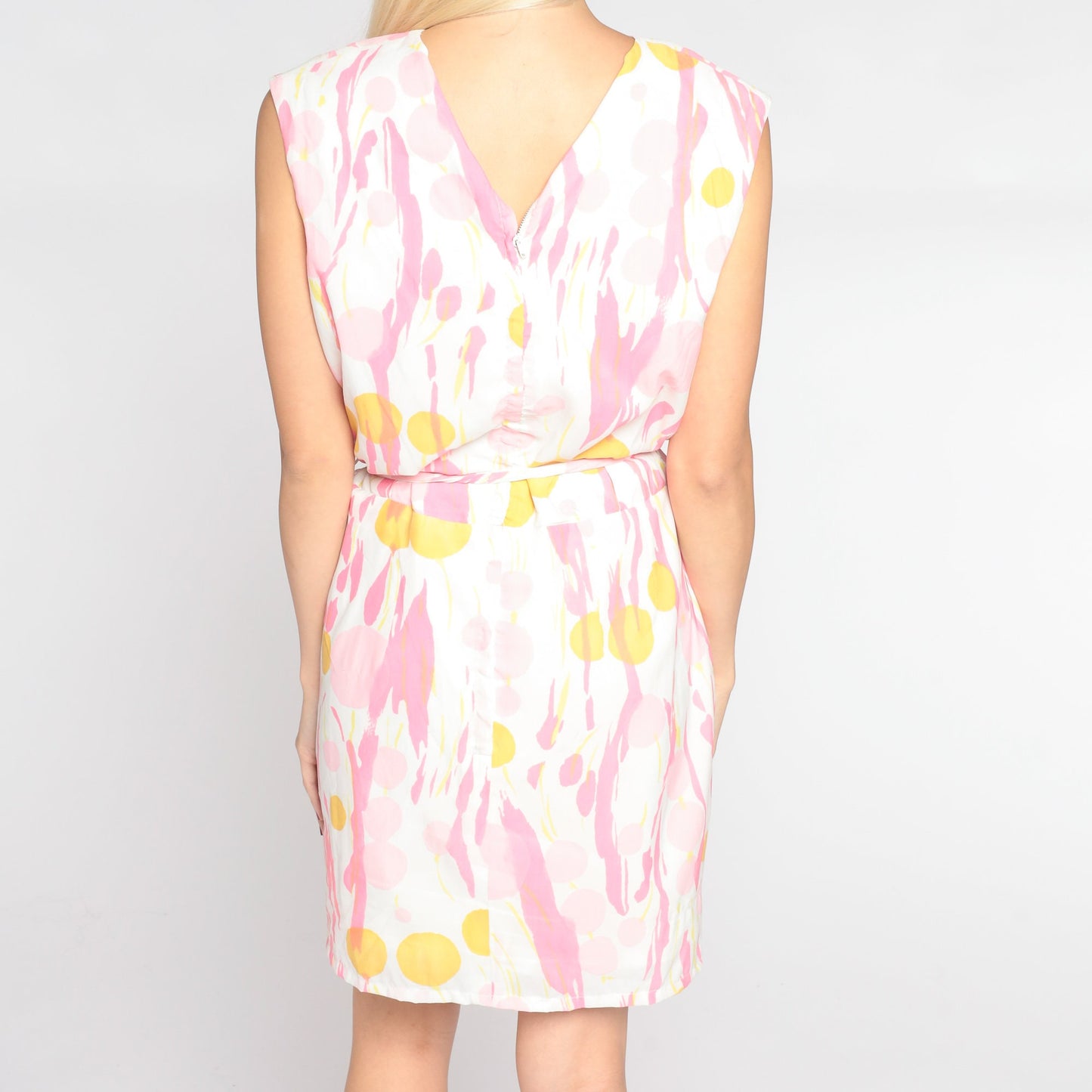 60s Abstract Dot Print Mini Dress White Pink Yellow Sleeveless Shift Medium