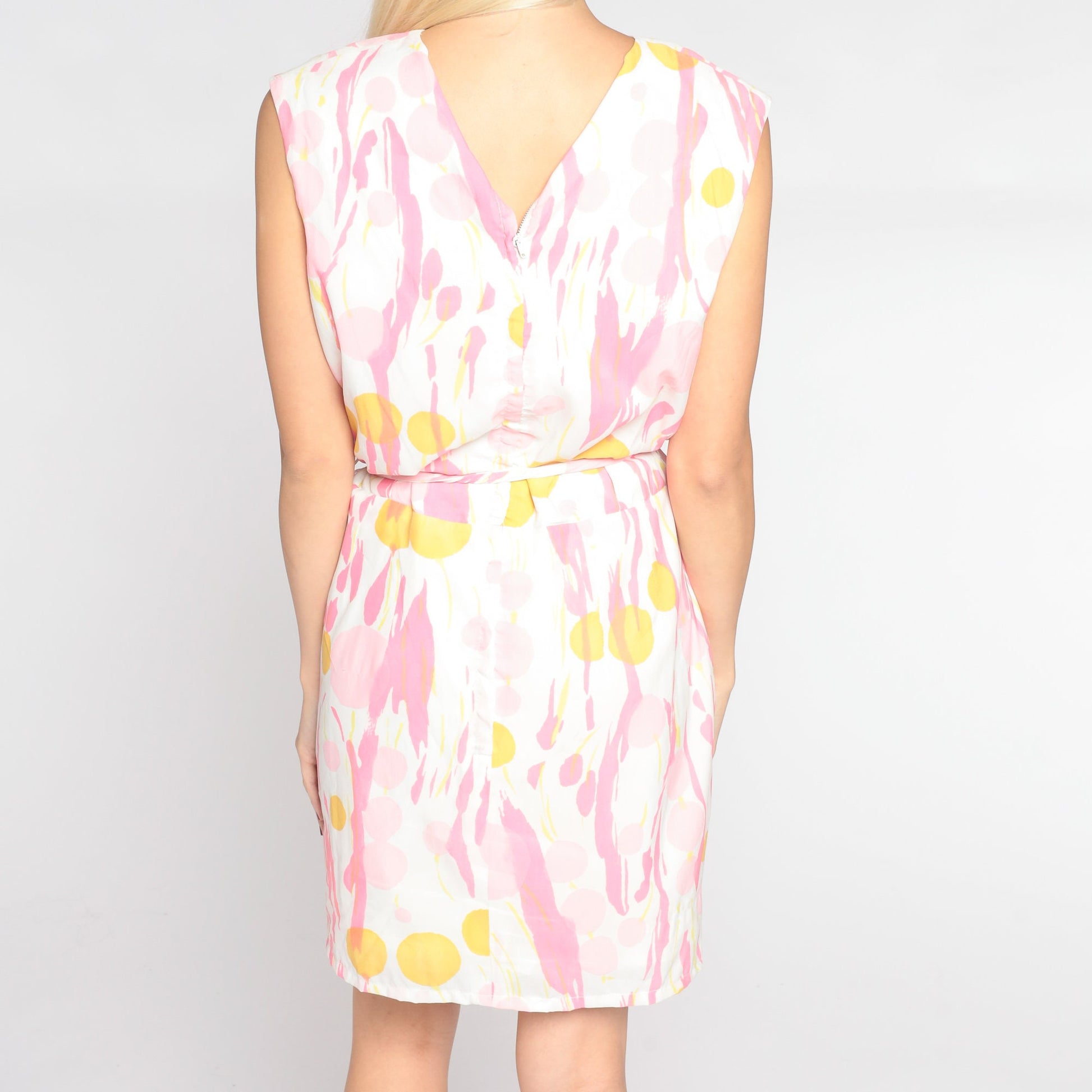 60s Abstract Dot Print Mini Dress White Pink Yellow Sleeveless Shift Medium