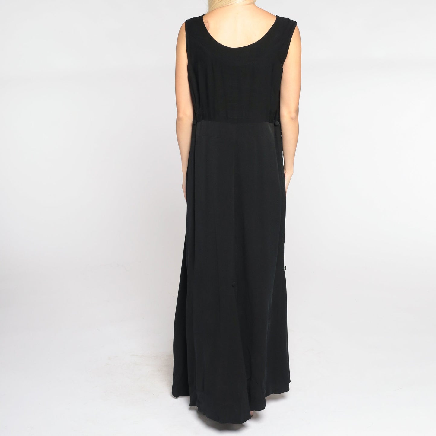 90s Black Maxi Dress Sleeveless High Waist Decorative Buttons Small