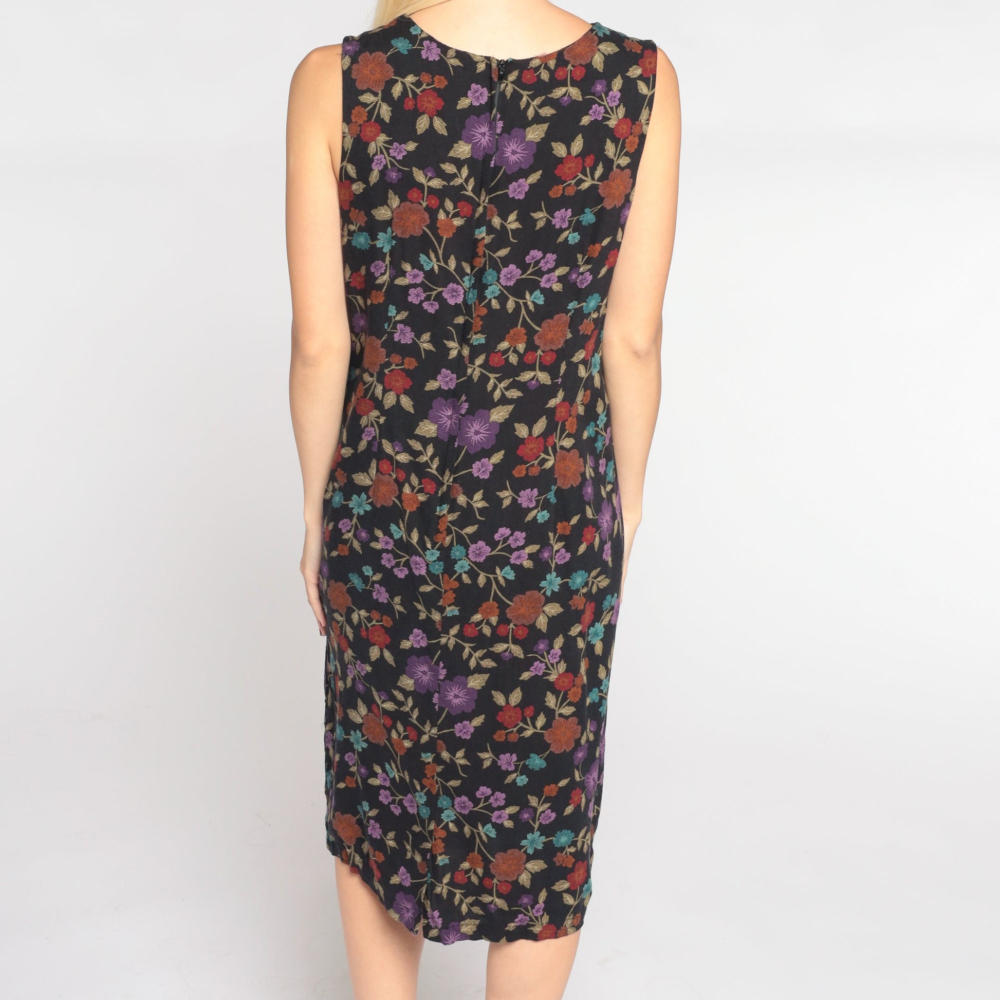 00s Black Floral Shift Dress Sleeveless Knee Length Small S