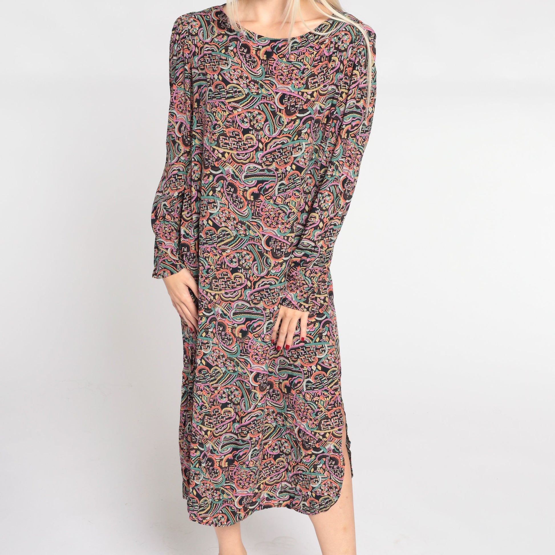 80s Abstract Cloud Print Midi Dress Black Puff Sleeve Shift Medium M