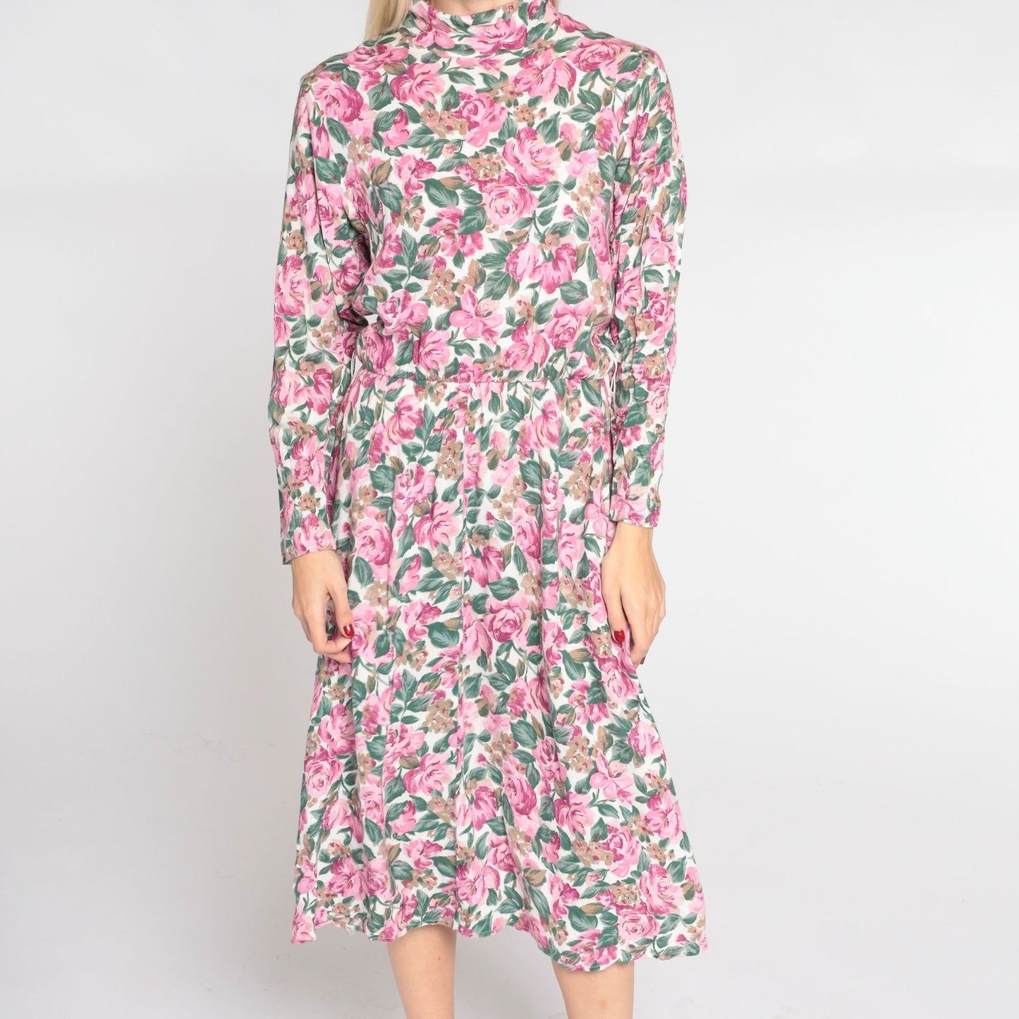 90s Floral Midi Dress White Mock Neck Long Sleeve High Waist Medium 8