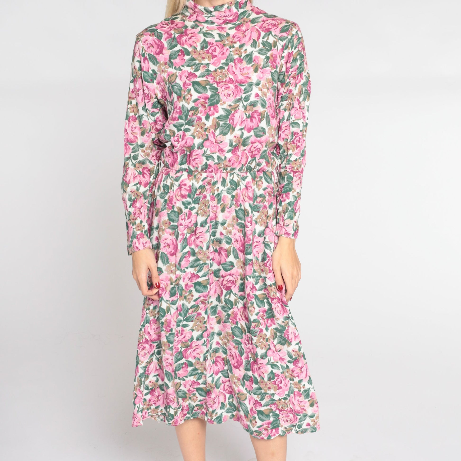 90s Floral Midi Dress White Mock Neck Long Sleeve High Waist Medium 8