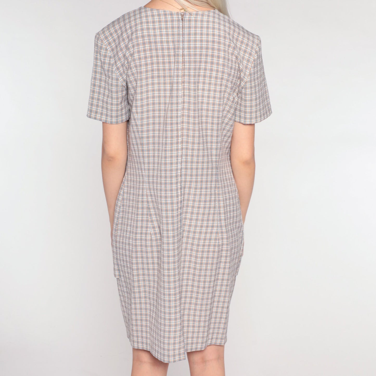 90s Plaid Mini Dress White Tan Checkered Button-Up Shift Short Sleeve Large