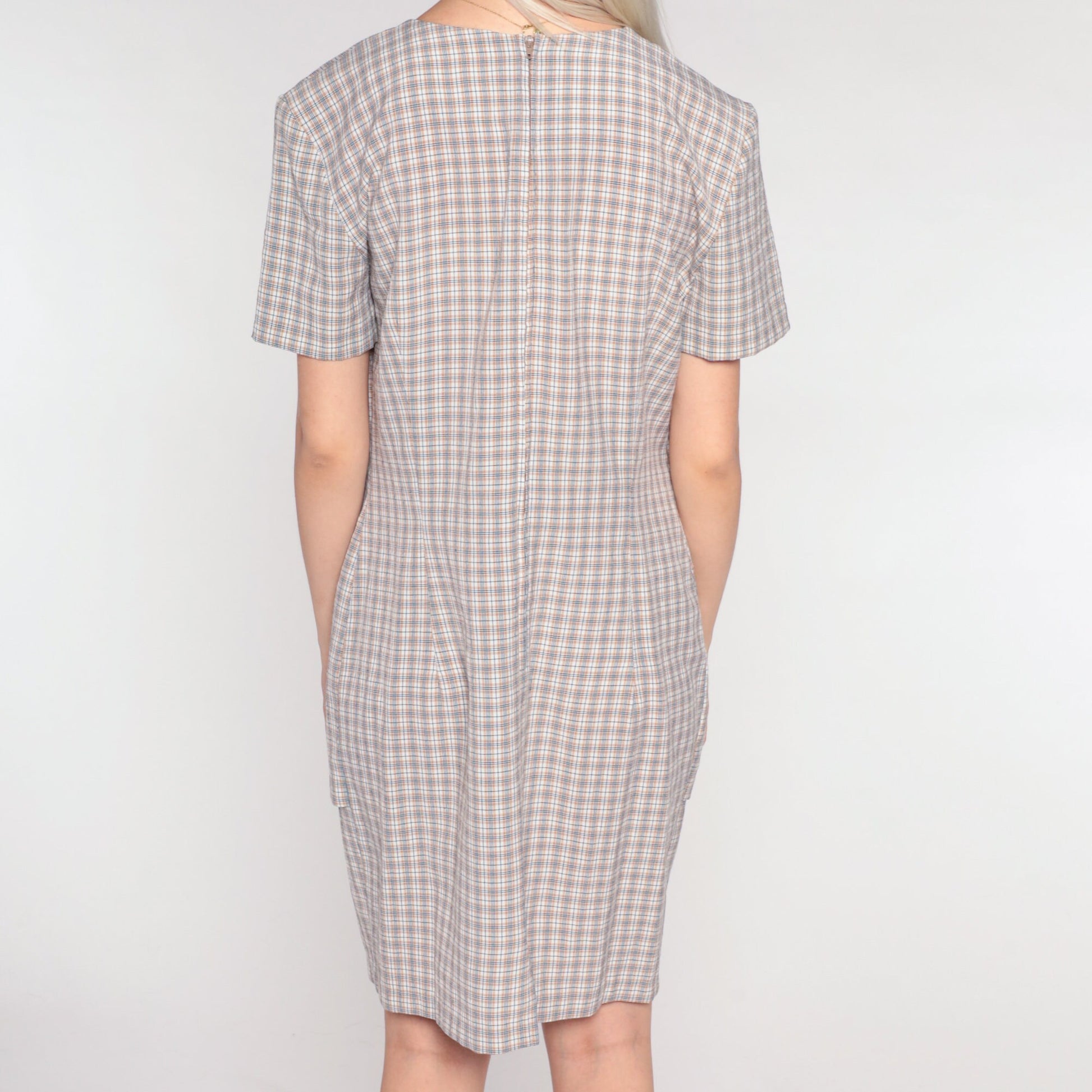 90s Plaid Mini Dress White Tan Checkered Button-Up Shift Short Sleeve Large