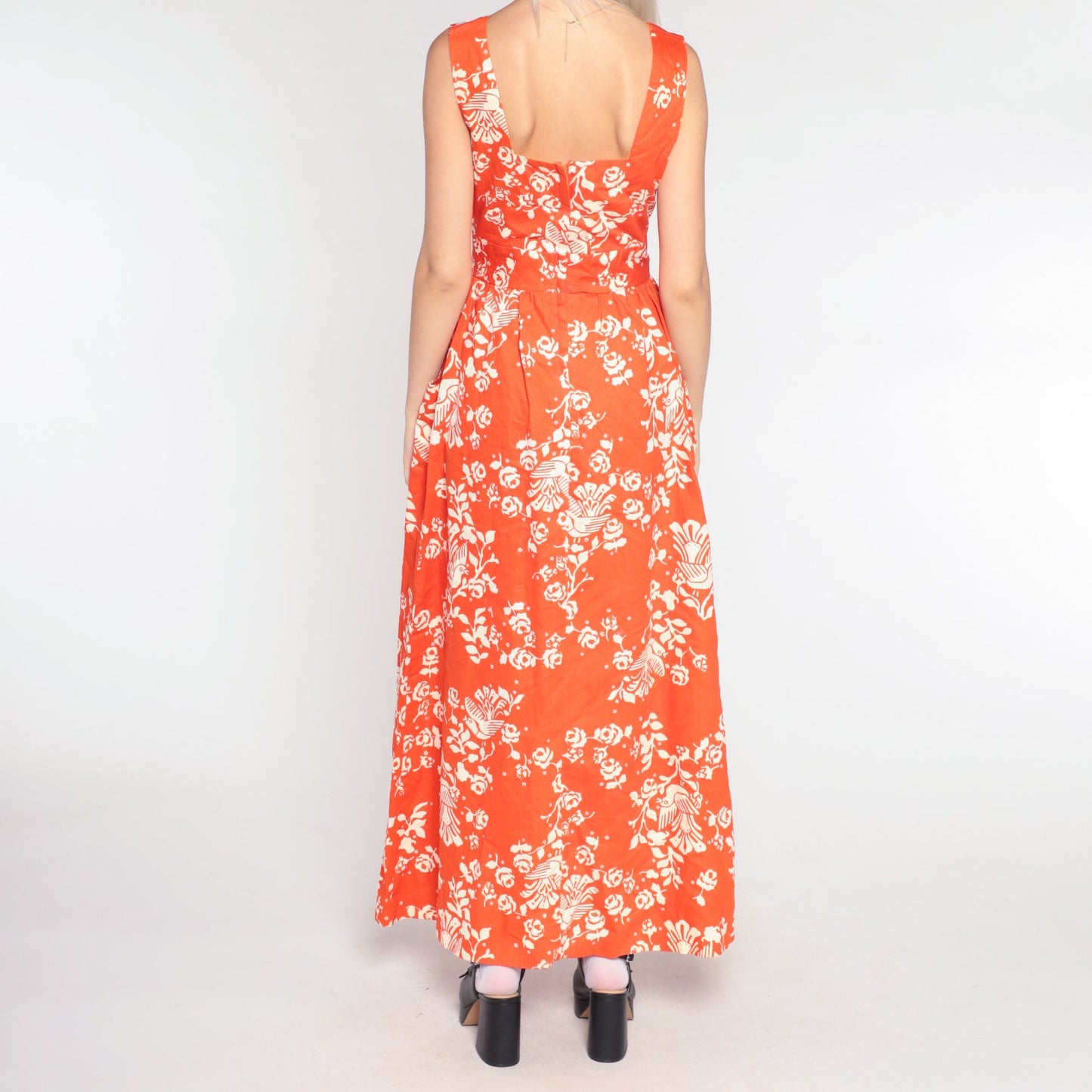 70s Orange Bird Floral Maxi Dress High Waist Cotton Vintage Extra Small