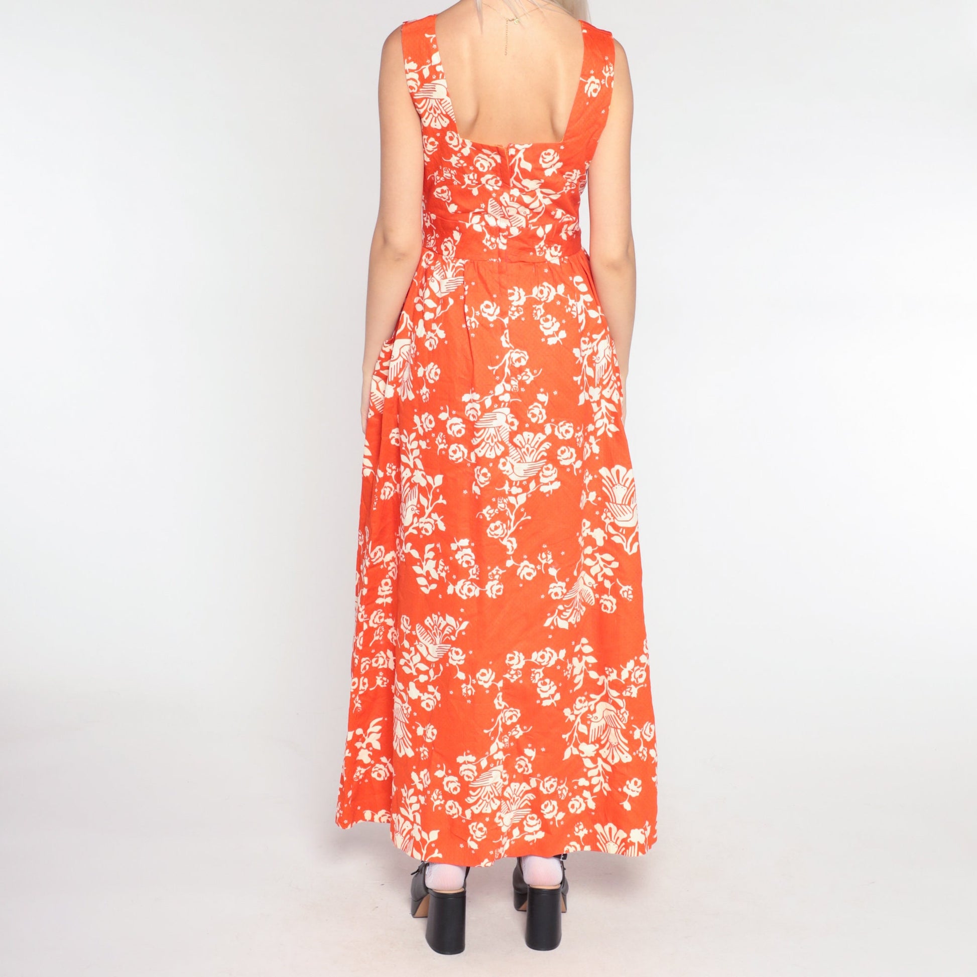 70s Orange Bird Floral Maxi Dress High Waist Cotton Vintage Extra Small