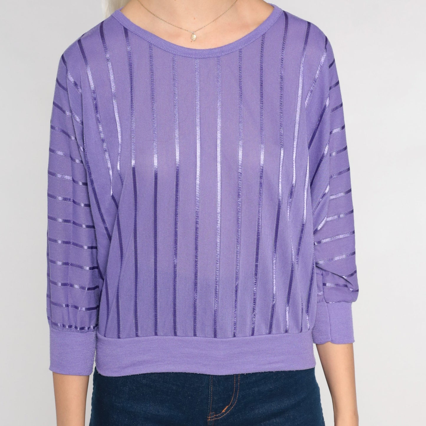 80s Purple Ribbon Striped Blouse Dolman Sleeve Banded Hem Extra Small