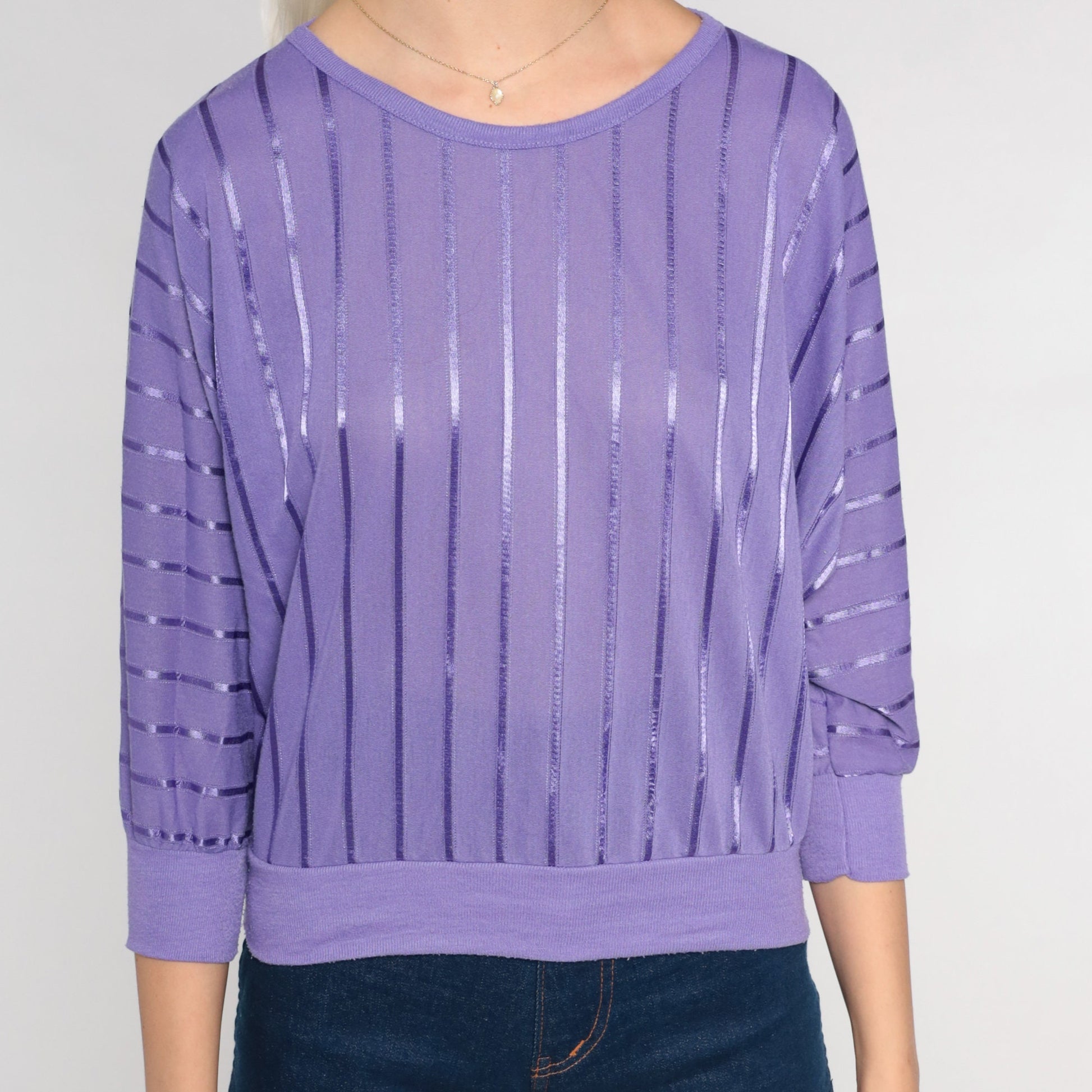 80s Purple Ribbon Striped Blouse Dolman Sleeve Banded Hem Extra Small
