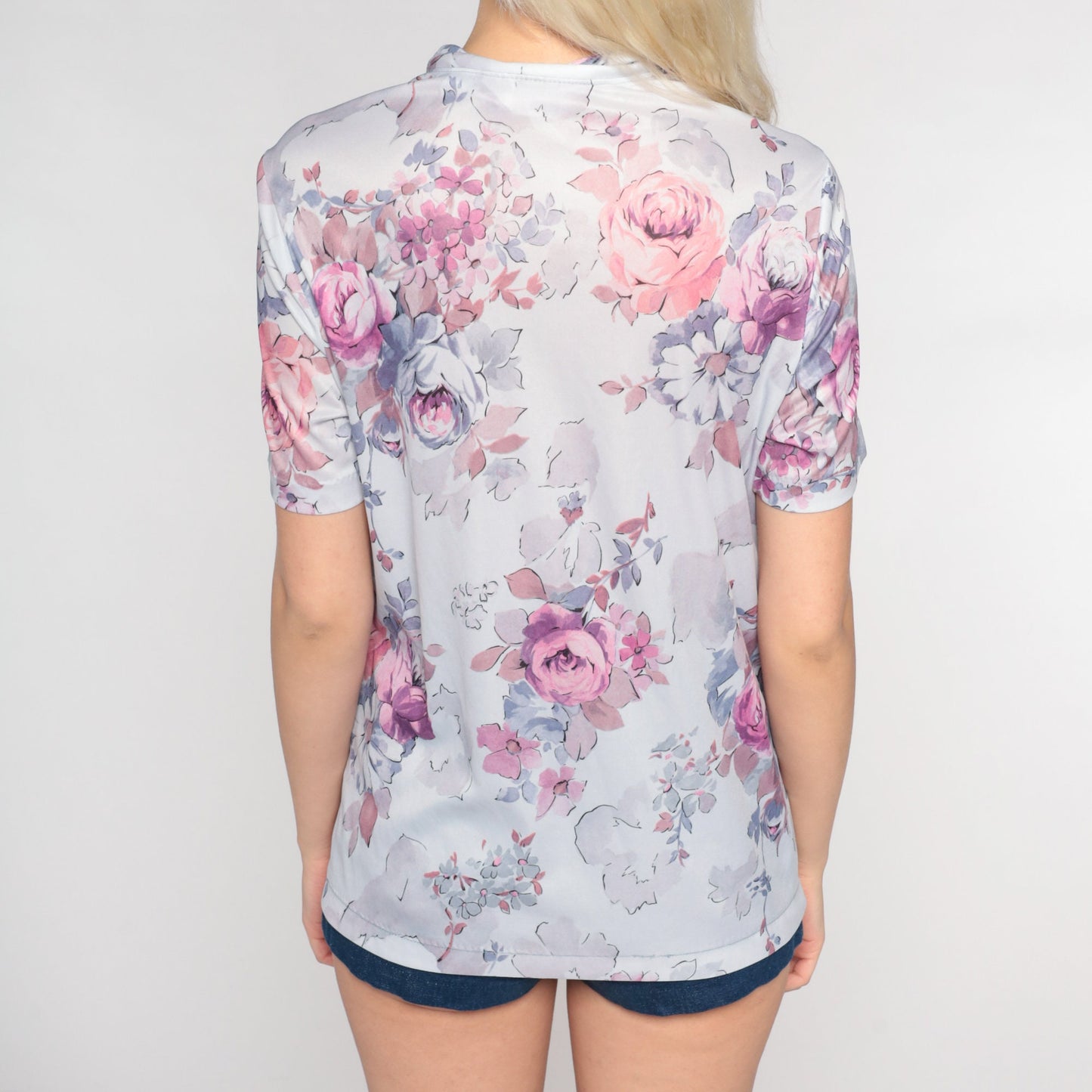 70s Lavender Floral Rose Print Collared Blouse Short Sleeve V Neck Medium Large