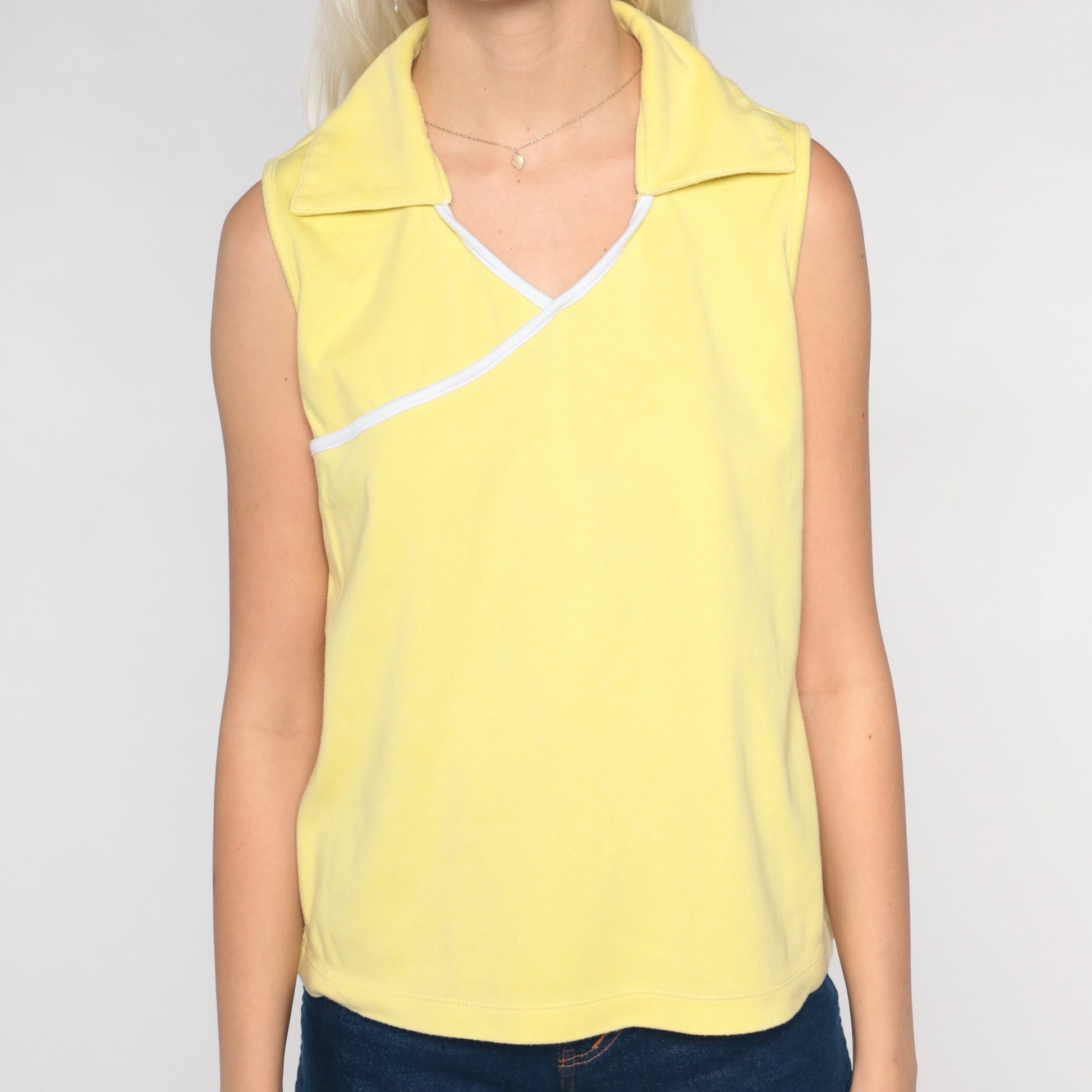 90s Pale Yellow Collared Tank Top V Neck Sleeveless Blouse Small