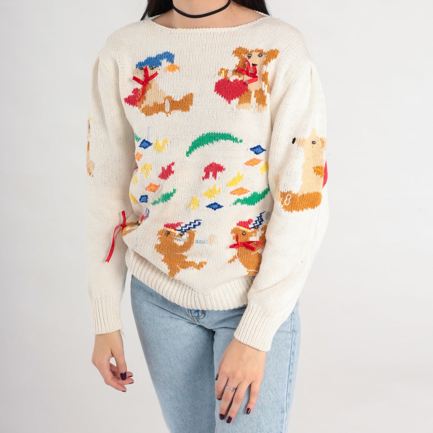 80s Animal Marching Band Sweater Teddy Bear Possum Dog Knit Medium